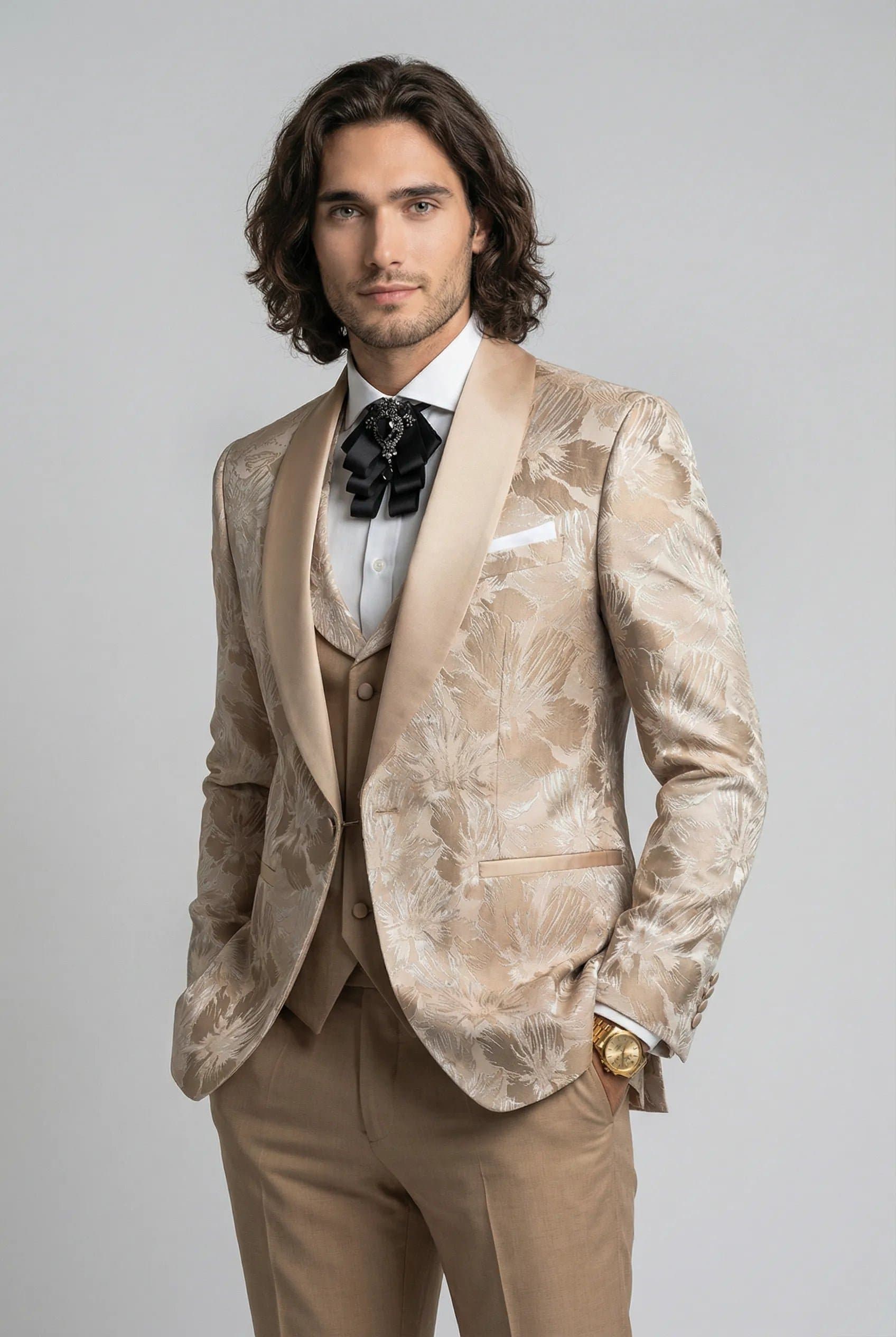 Aureate Mirage Champagne Gold Floral Jacquard Shawl Collar Tuxedo 3-Piece Suit 34R-54R