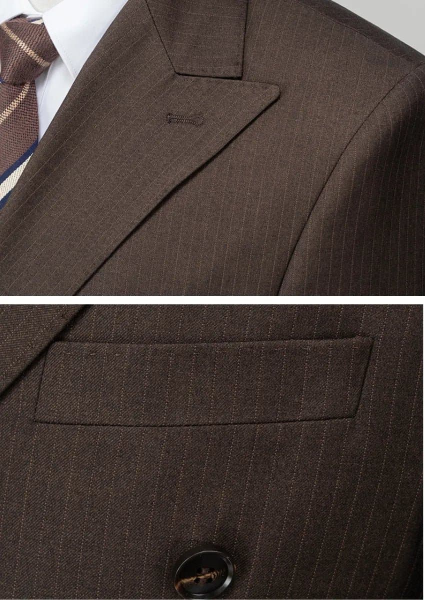 Men’s Brown Double-Breasted Striped Slim Fit Suit 2-Piece Set