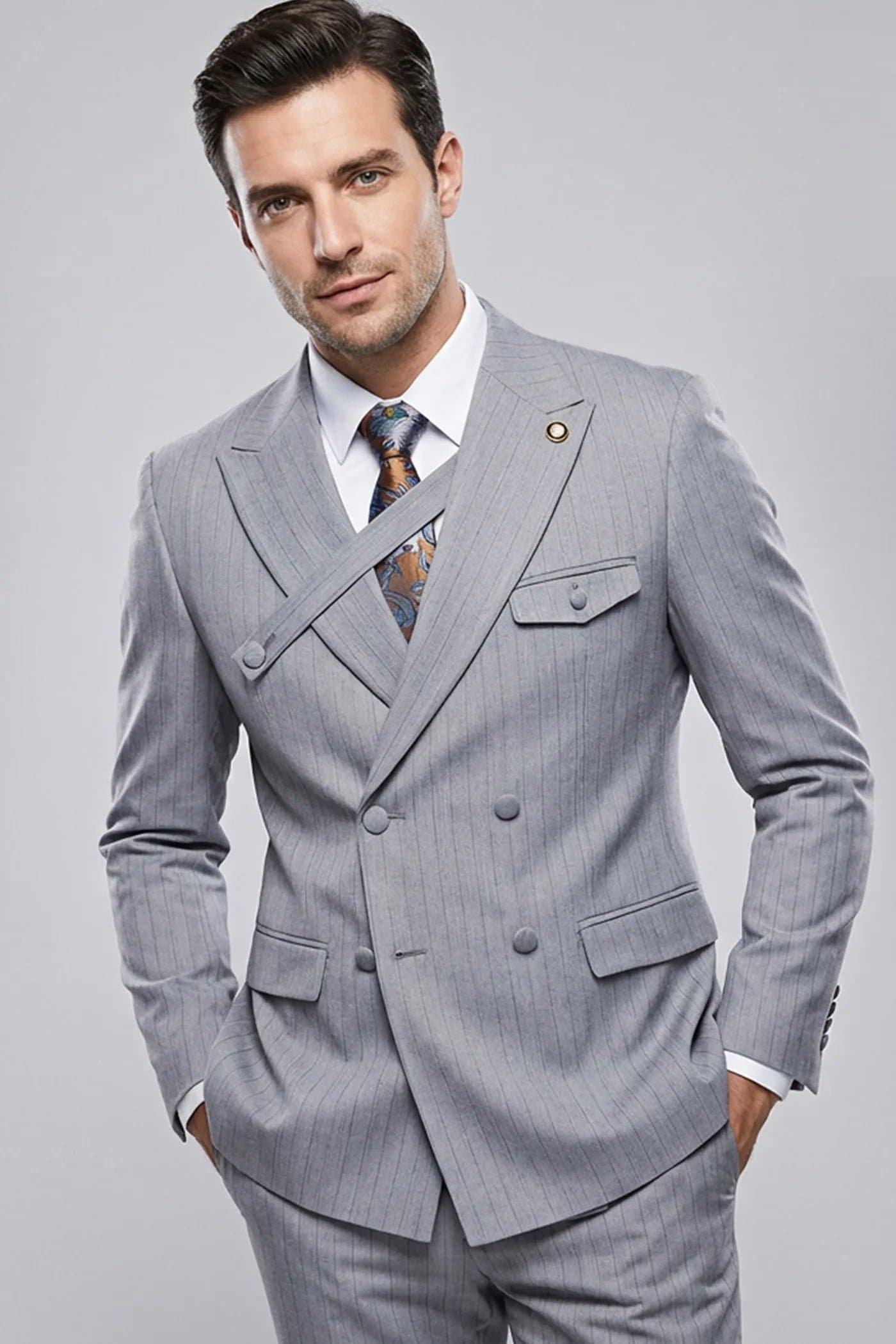 Grey Pinstripe Cross-Strap 2-Piece Slim Fit Suit Set Jacket Trousers