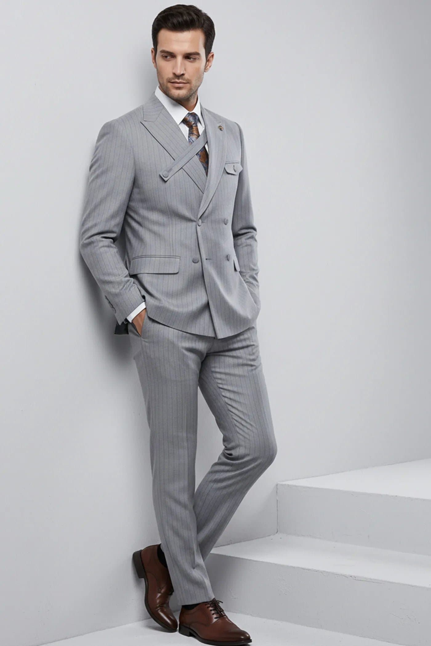 Grey Pinstripe Cross-Strap 2-Piece Slim Fit Suit Set Jacket Trousers