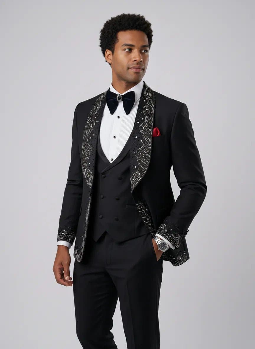 Obsidian Stardust Black Crystal Embellished 3-Piece Tuxedo Set Slim Fit