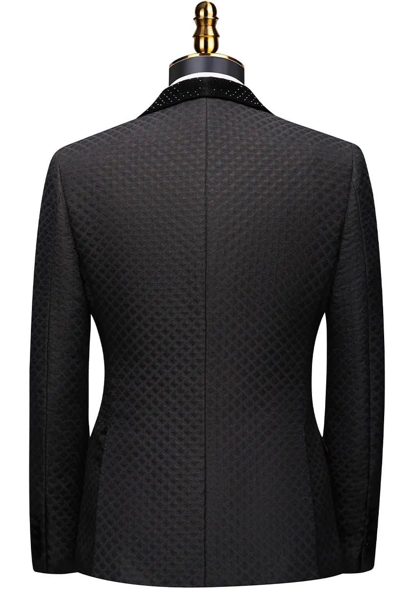 Obsidian Masterpiece Black Jacquard Velvet 3-Piece Slim Fit Tuxedo Set Jacket Vest Trousers