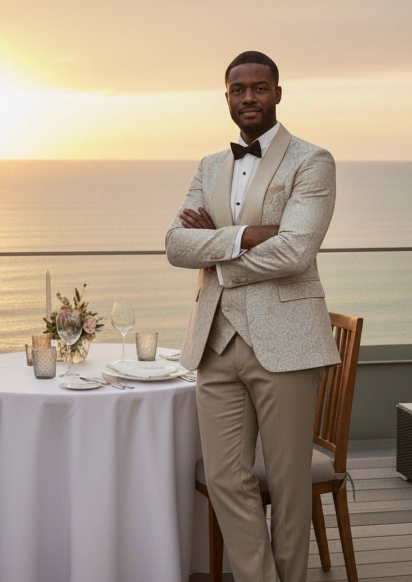 Aureate Empire Champagne Gold Jacquard 3-Piece Tuxedo Slim Fit Jacket Vest Trousers
