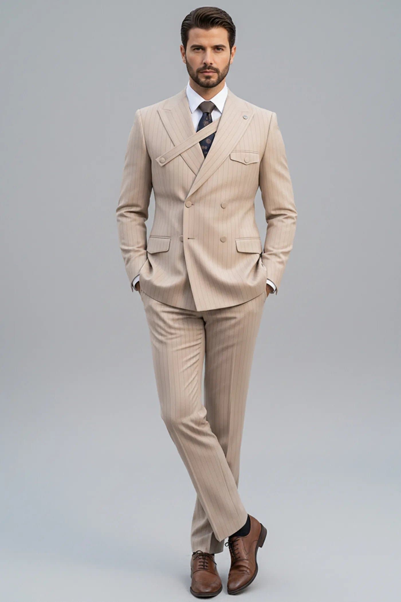 Sandstone Beige Pinstripe 2-Piece Double-Breasted Suit - Slim Fit Jacket and Trousers