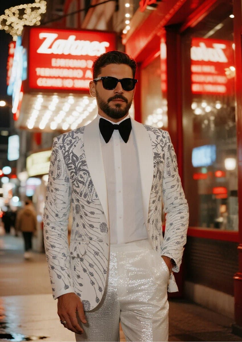 White Velvet Silver Sequin Dinner Jacket - Moonlight Phoenix Slim Fit Men's Blazer