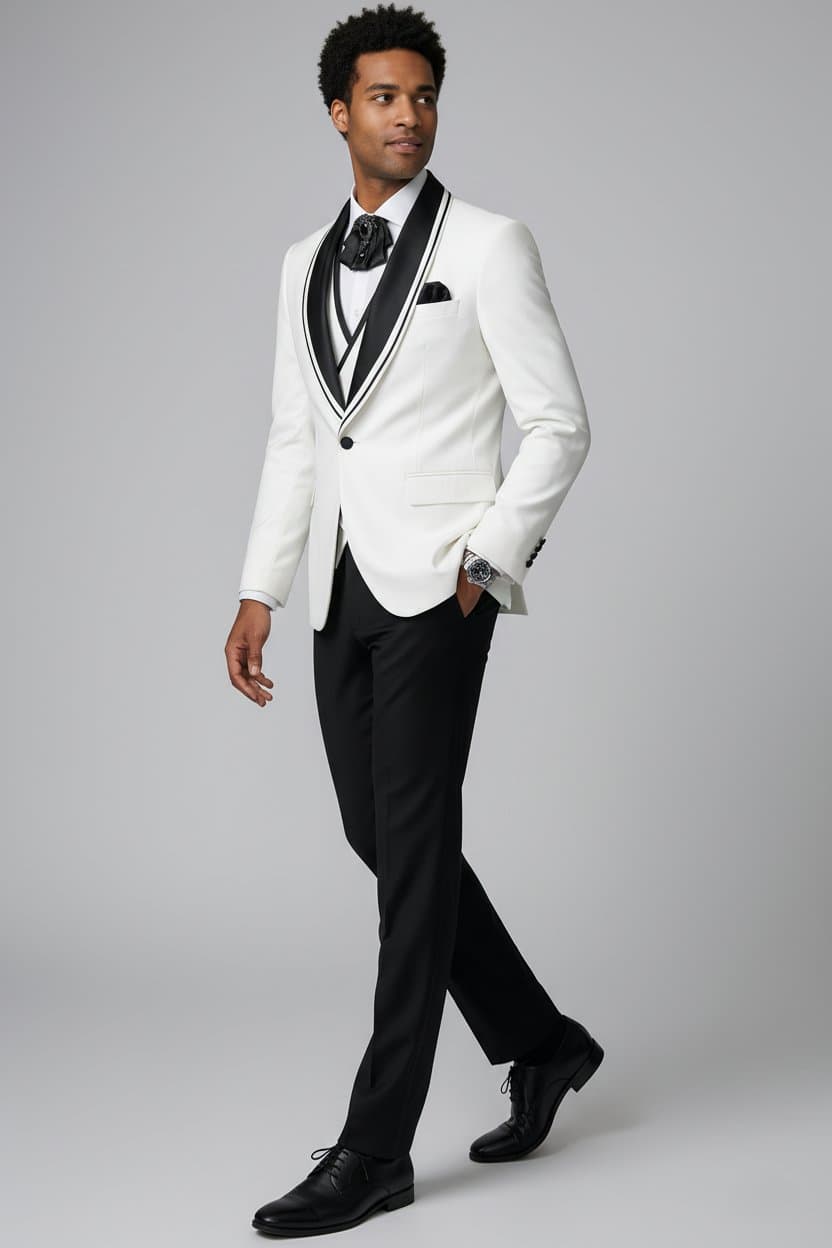Alabaster Horizon White Black Satin Shawl Collar 3-Piece Slim Fit Tuxedo Set