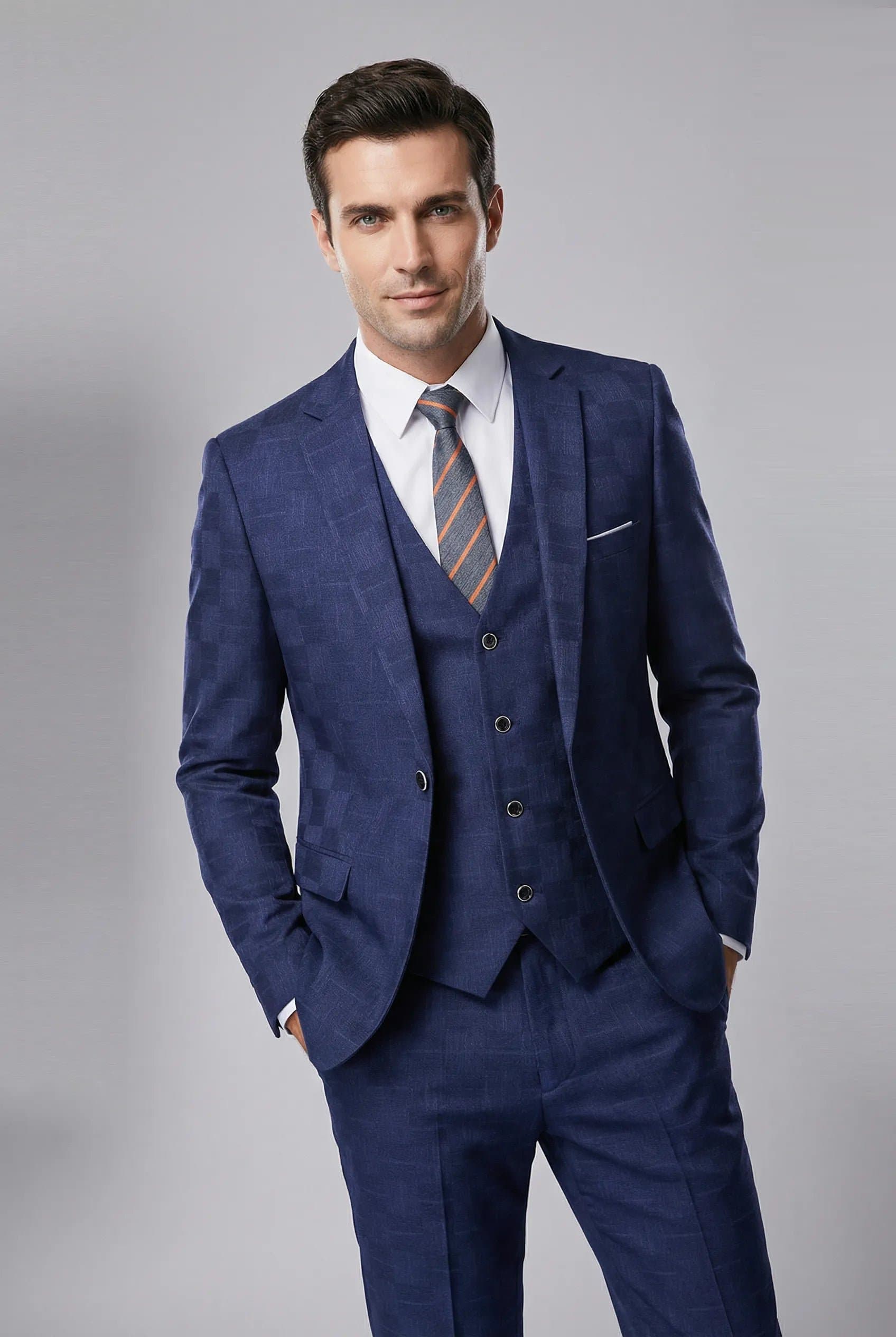 Royal Blue Geometric Sapphire Canvas 3-Piece Suit Set Jacket Vest Trousers Slim Fit
