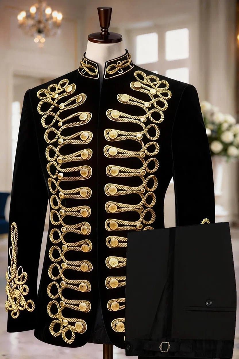 Citadel Chevalier Black Velvet Gold Braided Tuxedo Set 2-Piece Jacket Trousers
