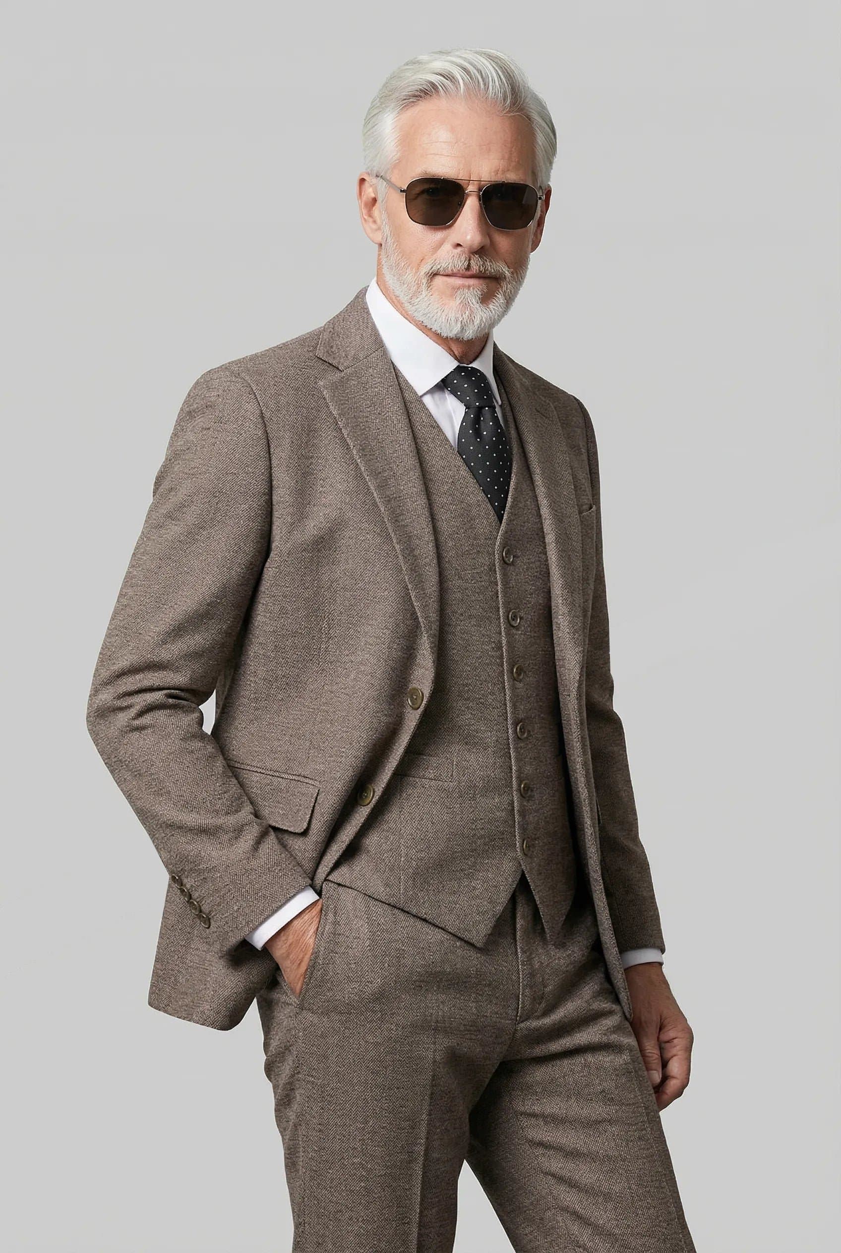 Coffee Brown Textured Tweed 3-Piece Suit Set - Slim Fit Jacket Vest Trousers