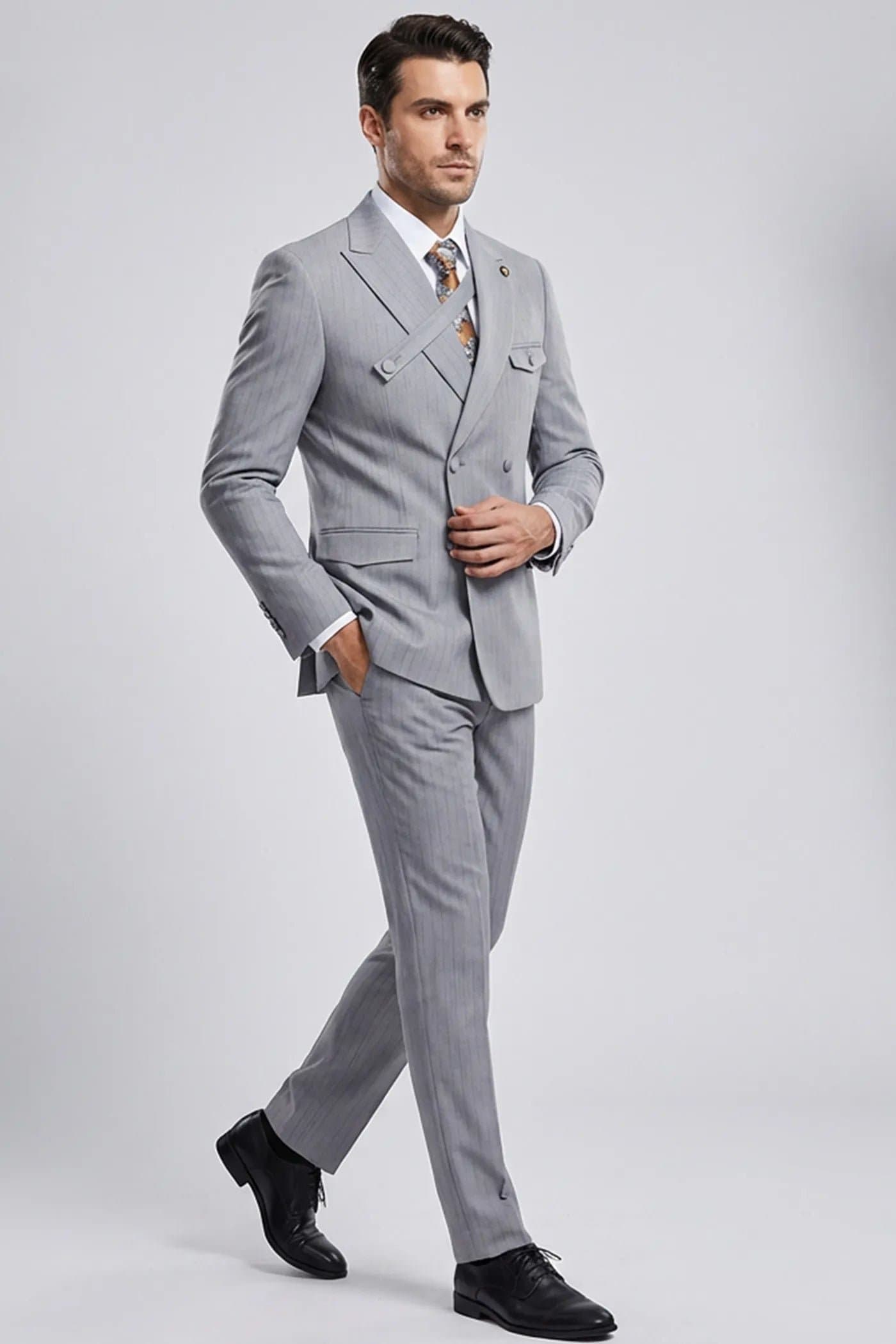 Grey Pinstripe Cross-Strap 2-Piece Slim Fit Suit Set Jacket Trousers