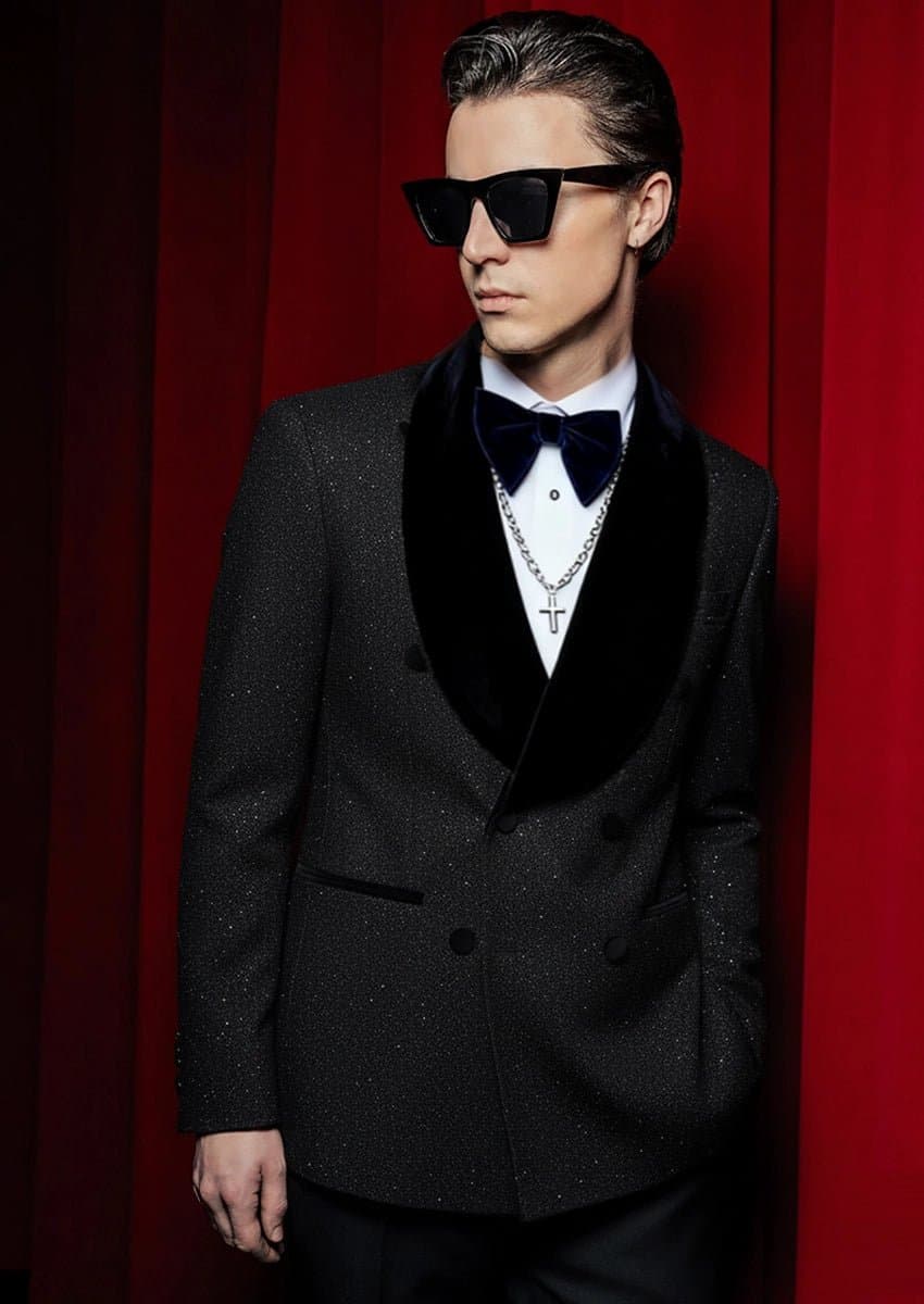 Black Stardust & Velvet Double-Breasted Tuxedo Set Jacket and Trousers 2-Piece Slim Fit