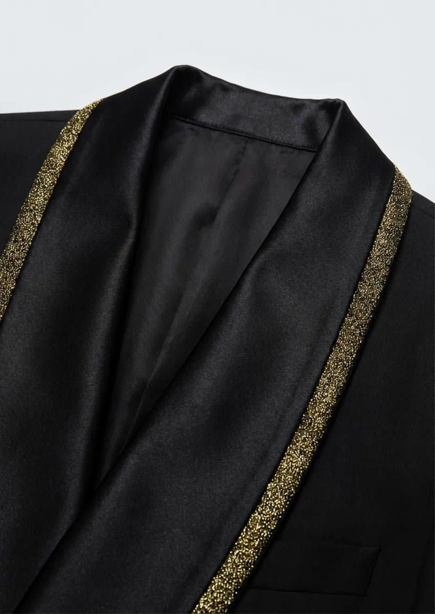 Black Damask Gold Trim 3-Piece Tuxedo Set Obsidian Gilt Slim Fit Jacket Vest Trousers