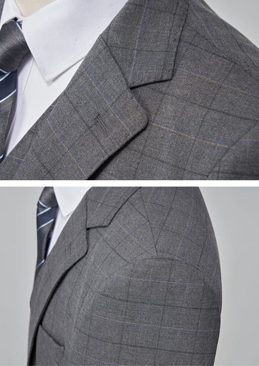 Men’s Gray Windowpane Plaid Slim Fit 3-Piece Suit Single-Breasted Notched Lapel