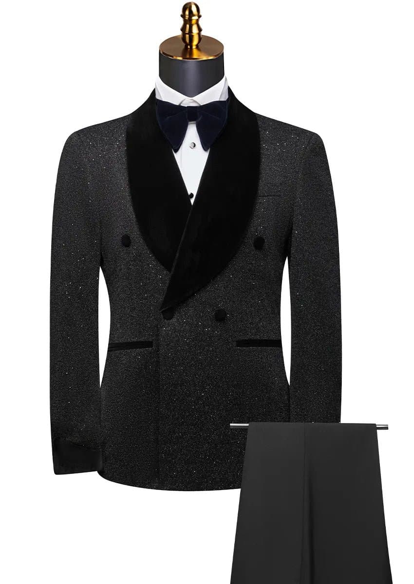 Black Stardust & Velvet Double-Breasted Tuxedo Set Jacket and Trousers 2-Piece Slim Fit