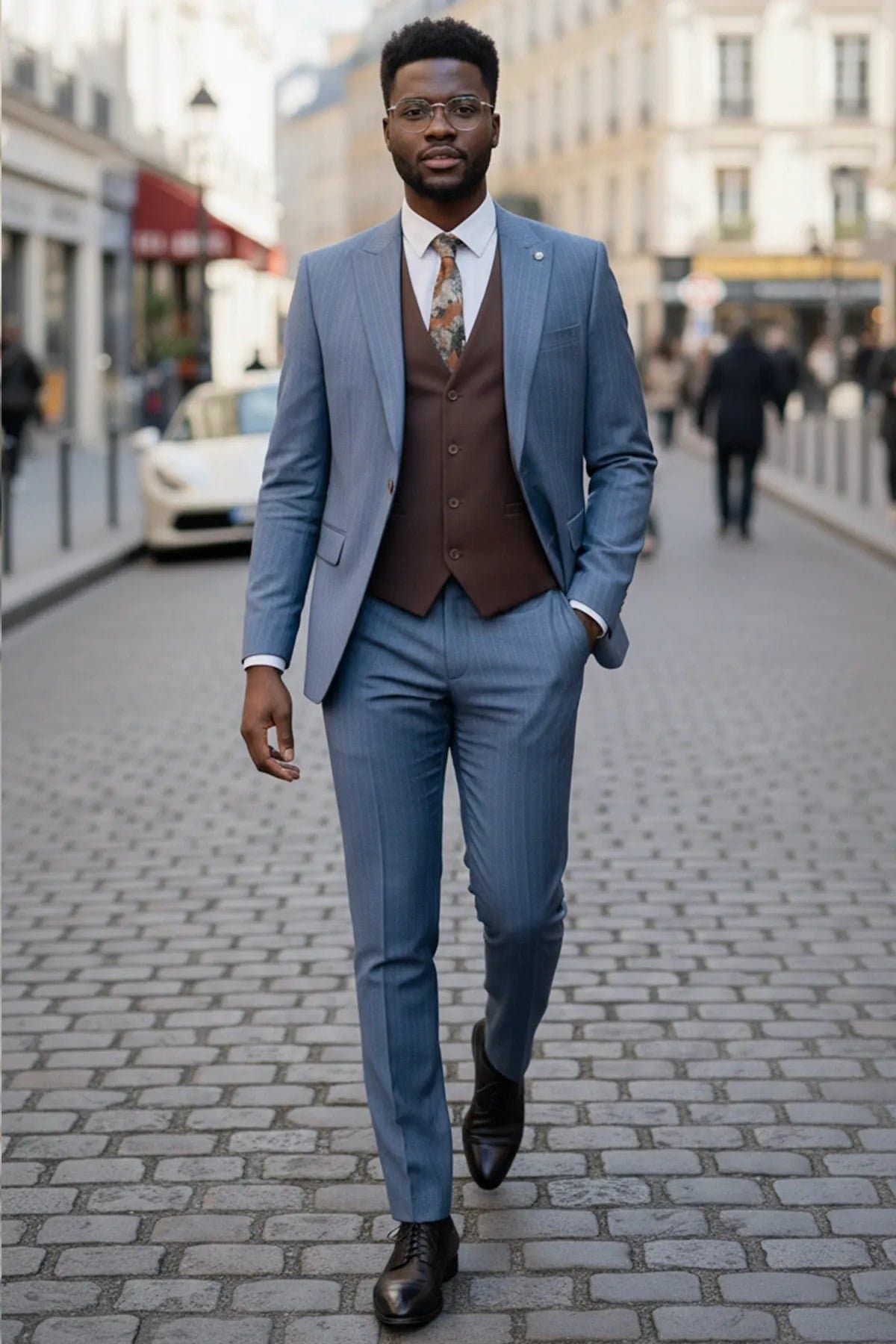 Steel Blue Pinstripe 3-Piece Suit Set with Coffee Brown Vest - Slim Fit Jacket Trousers