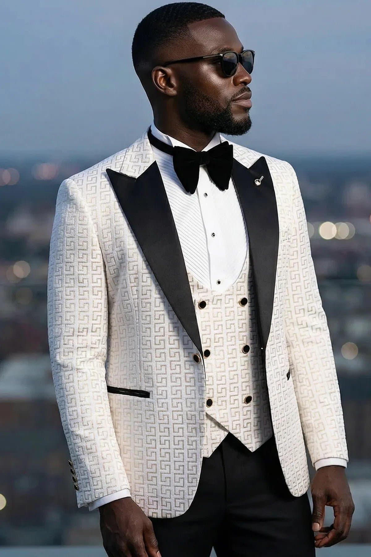 Alabaster Pantheon White & Gold Jacquard 3-Piece Slim Fit Tuxedo Jacket Vest Trousers