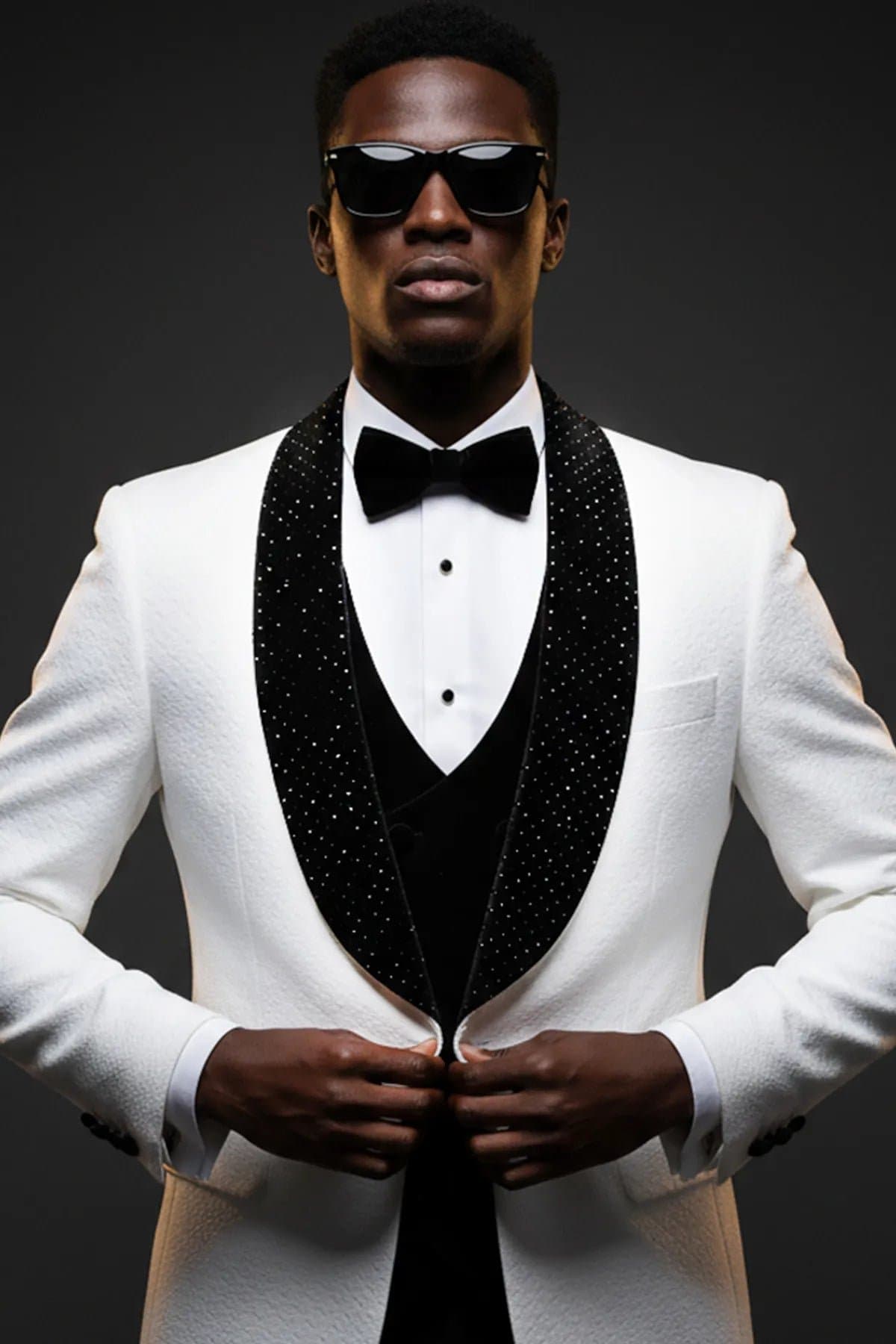White Jacquard Velvet 3-Piece Tuxedo Slim Fit - Alabaster Masterpiece Jacket Vest Trousers