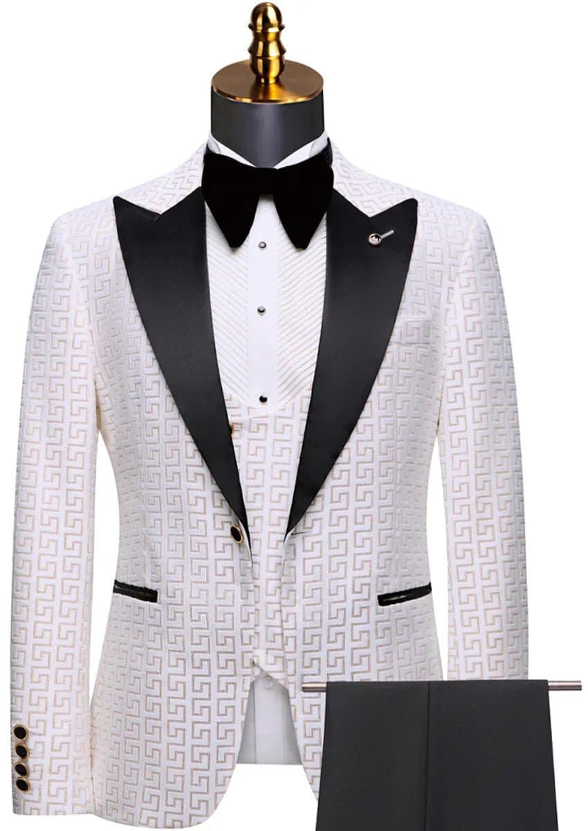 Alabaster Pantheon White & Gold Jacquard 3-Piece Slim Fit Tuxedo Jacket Vest Trousers
