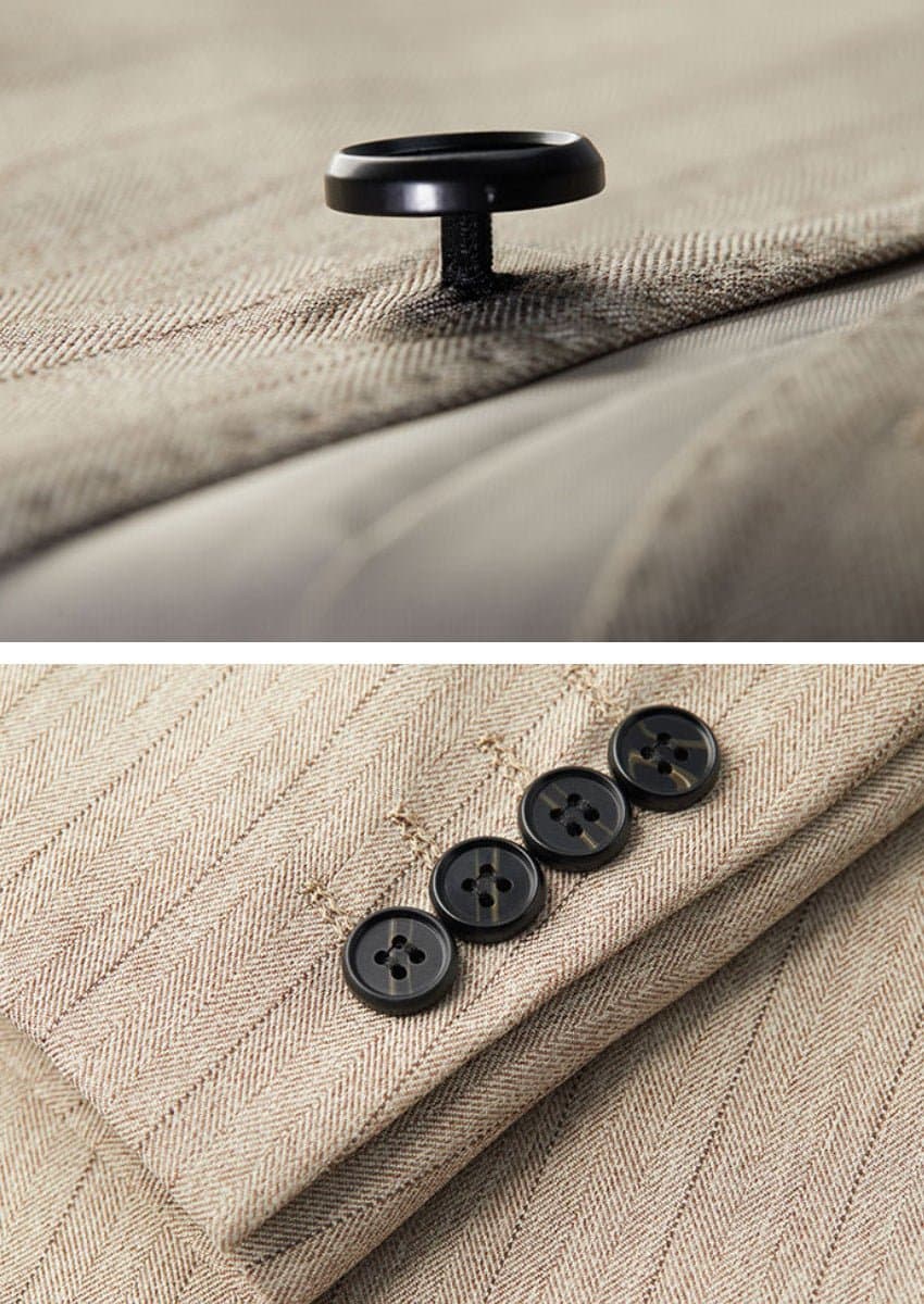 Khaki Herringbone Pinstripe 3-Piece Suit Set - Jacket Vest Trousers Modern Slim Fit