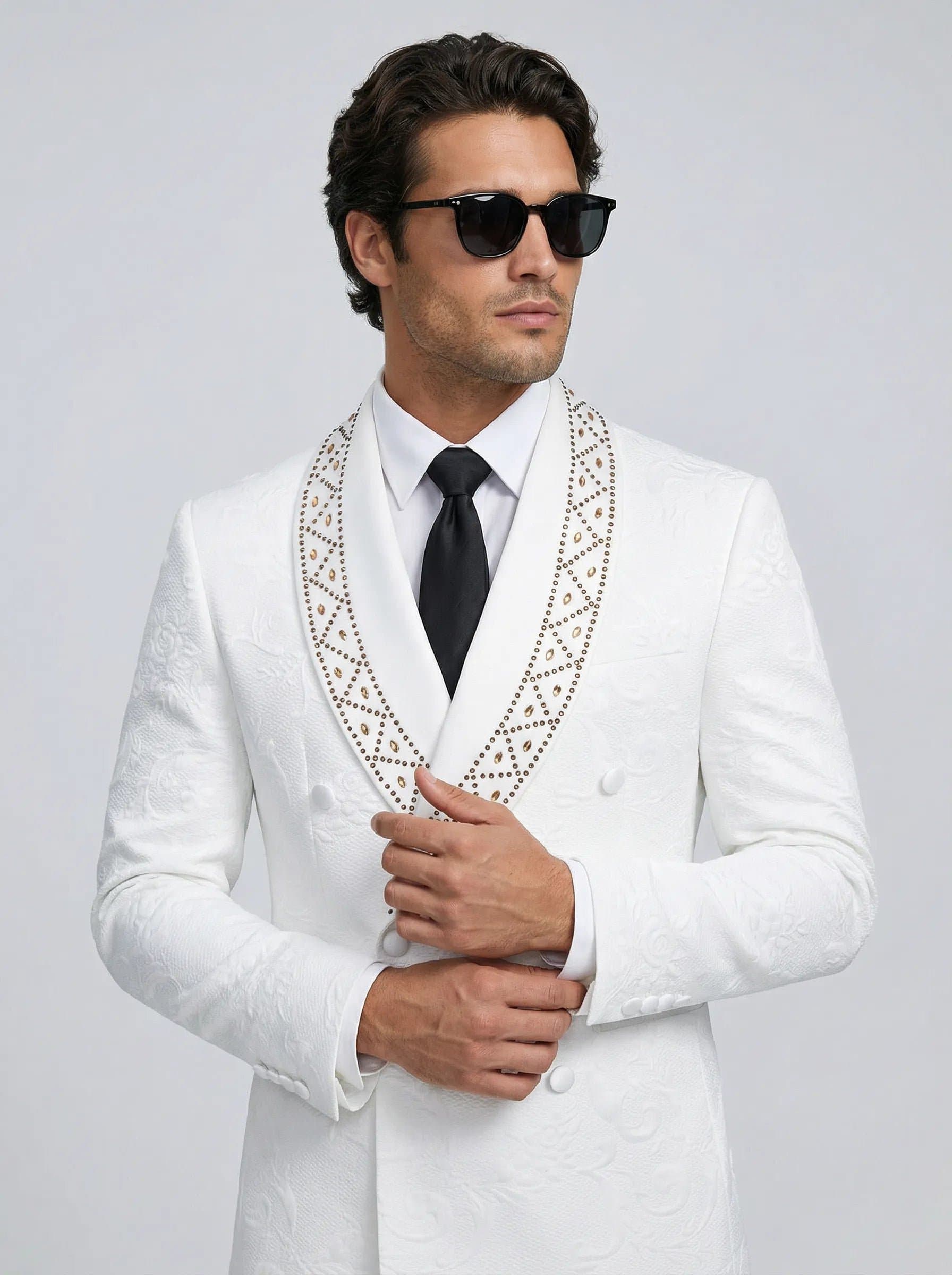 White Jacquard Crystal Shawl Collar Double-Breasted Tuxedo Set 2-Piece with Black Trousers