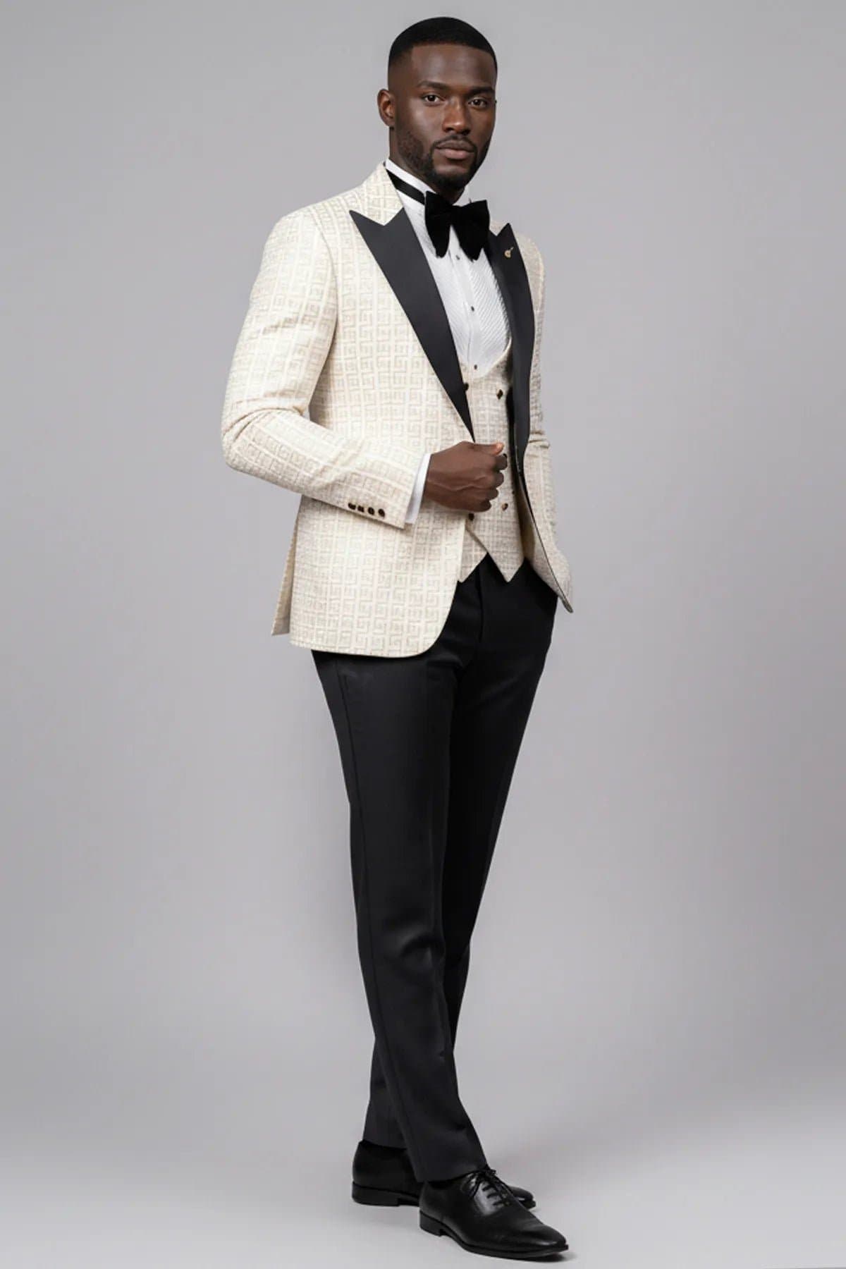 Alabaster Pantheon White & Gold Jacquard 3-Piece Slim Fit Tuxedo Jacket Vest Trousers