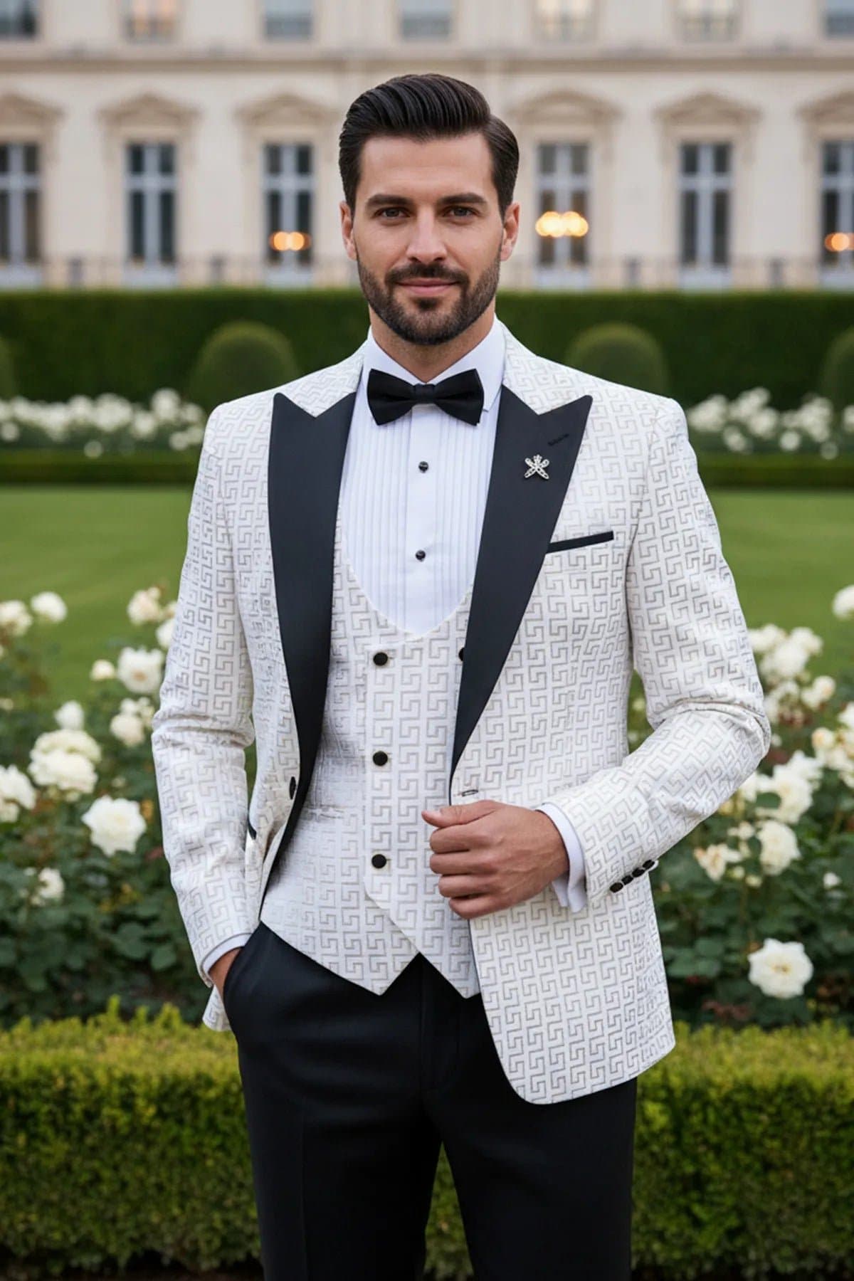 Alabaster Pantheon White & Gold Jacquard 3-Piece Slim Fit Tuxedo Jacket Vest Trousers