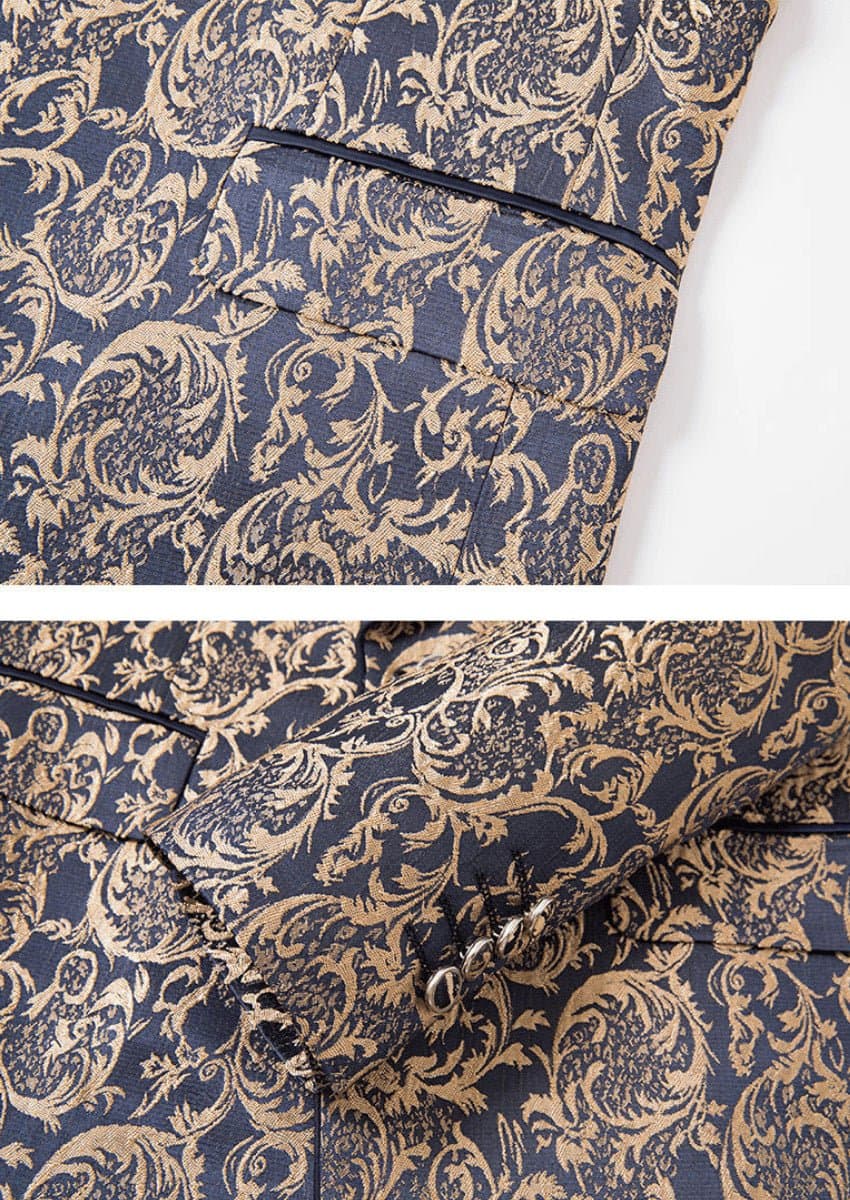 Sapphire Dynasty Navy Gold Jacquard 3-Piece Tuxedo Slim Fit Jacket Vest Trousers