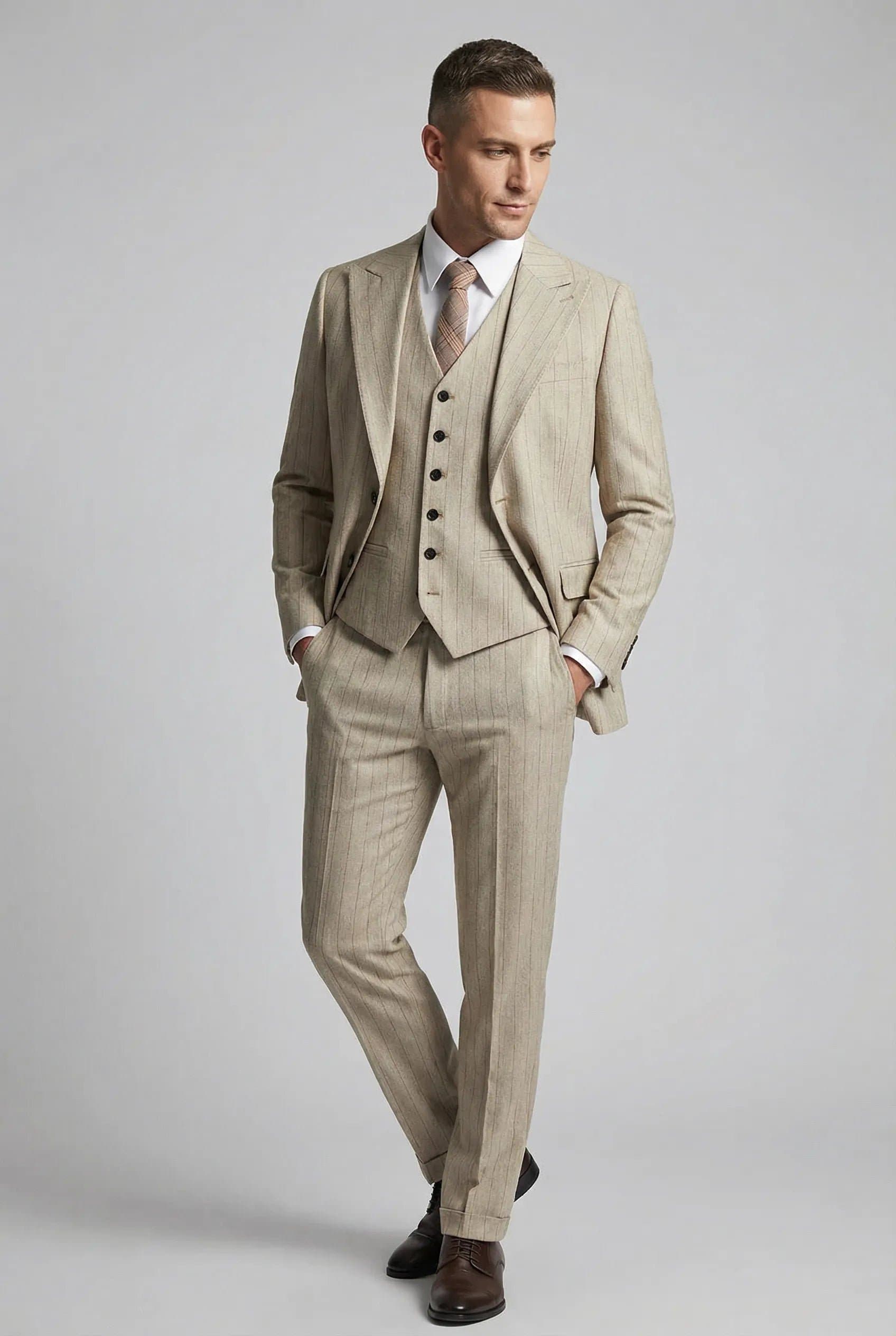 Khaki Herringbone Pinstripe 3-Piece Suit Set - Jacket Vest Trousers Modern Slim Fit