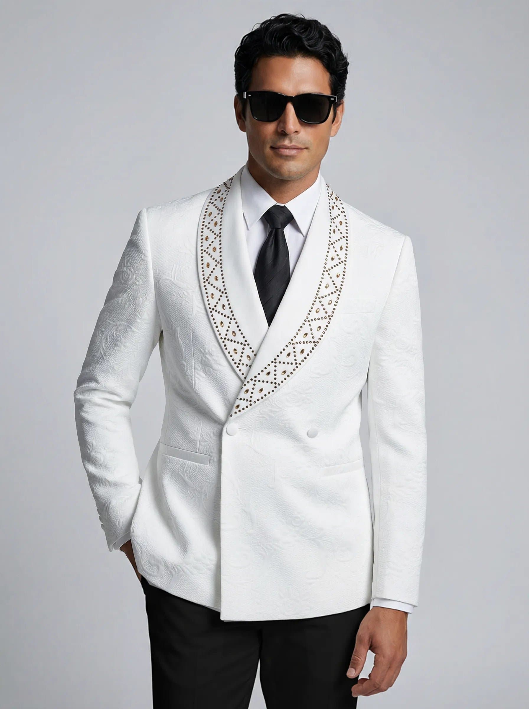 White Jacquard Crystal Shawl Collar Double-Breasted Tuxedo Set 2-Piece with Black Trousers