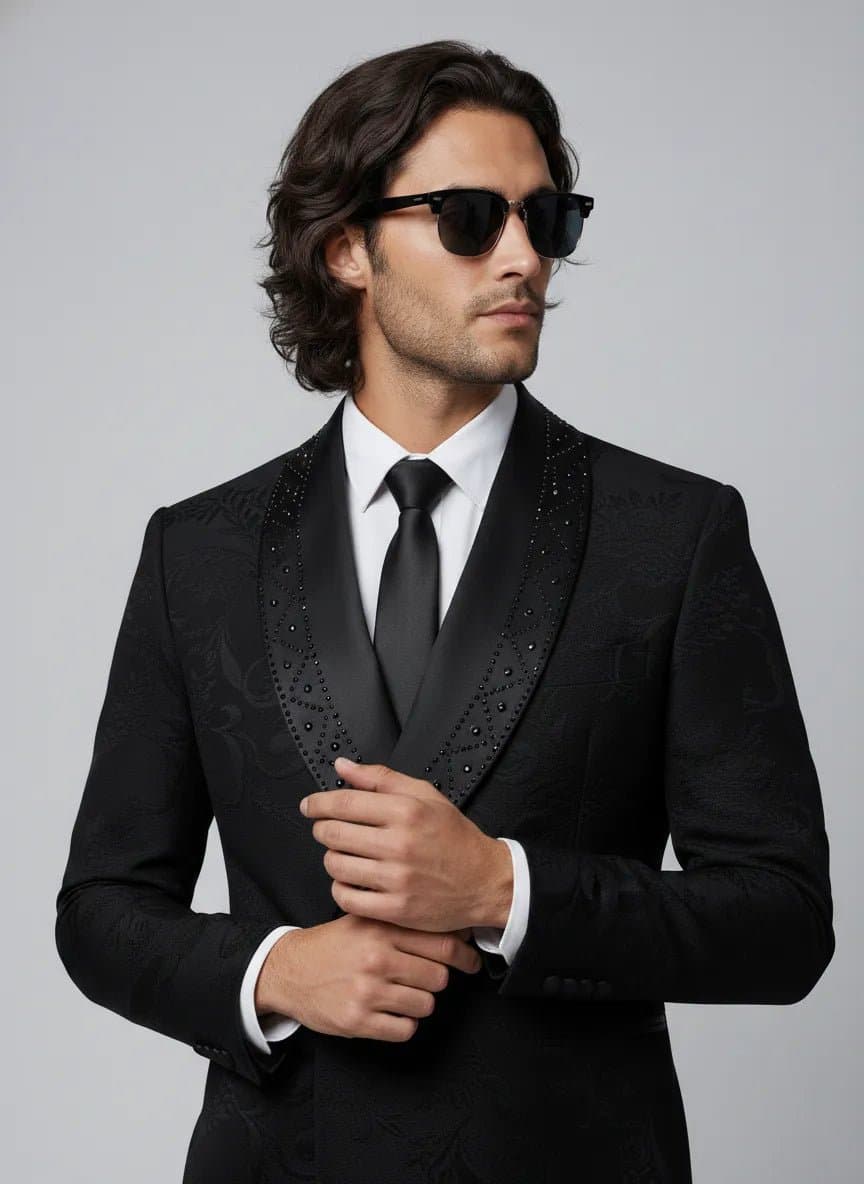 Onyx Prism Black Jacquard Diamond 2-Piece Tuxedo Set - Double-Breasted Jacket and Trousers