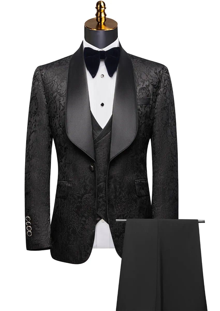 Onyx Monarch Black Jacquard 3-Piece Tuxedo with Shawl Collar Slim Fit