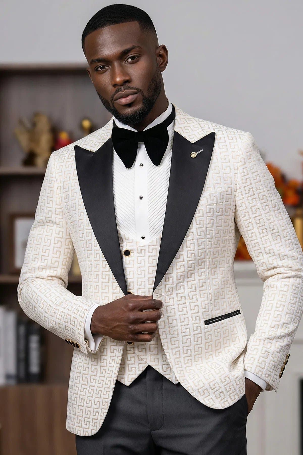 Alabaster Pantheon White & Gold Jacquard 3-Piece Slim Fit Tuxedo Jacket Vest Trousers