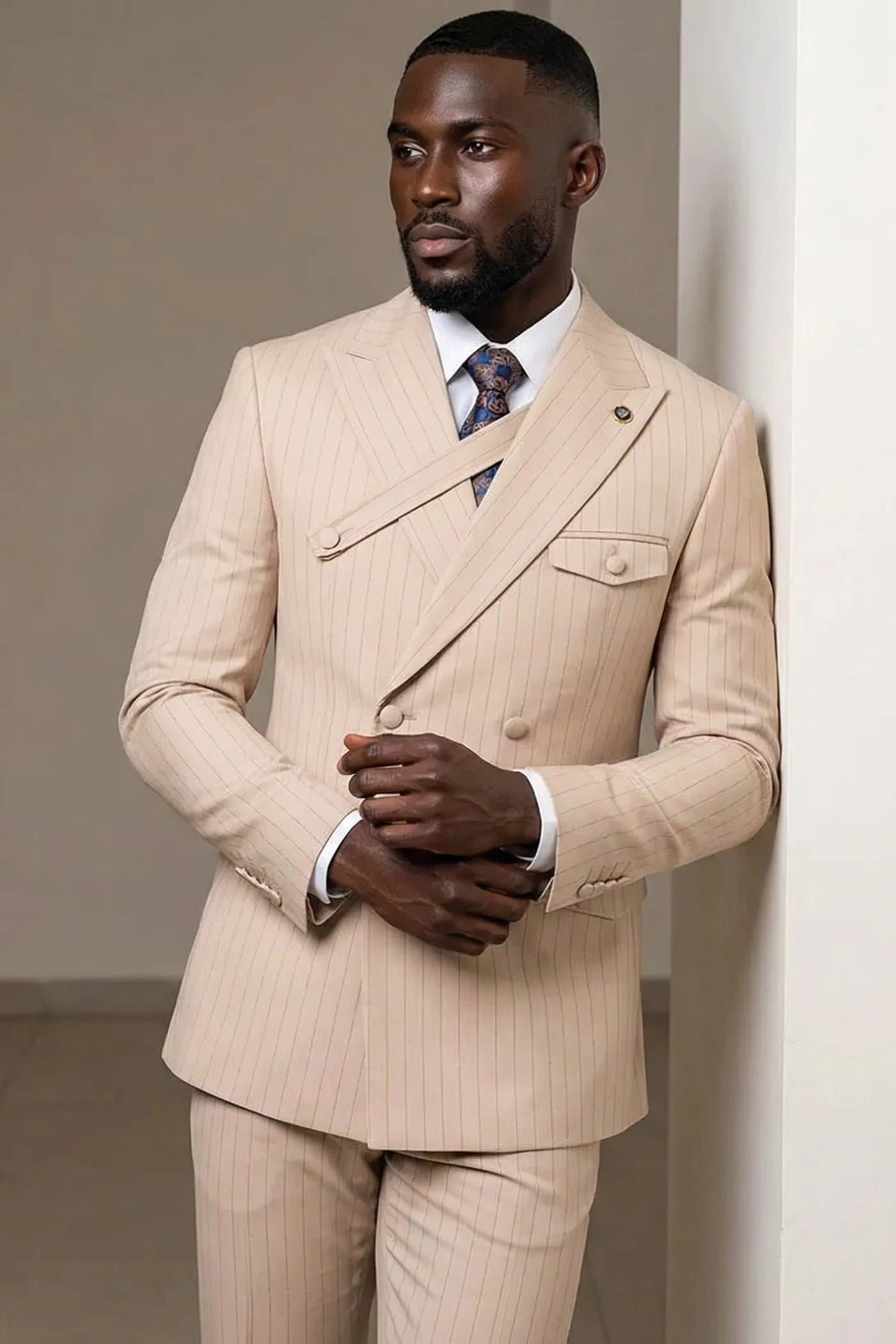 Sandstone Beige Pinstripe 2-Piece Double-Breasted Suit - Slim Fit Jacket and Trousers