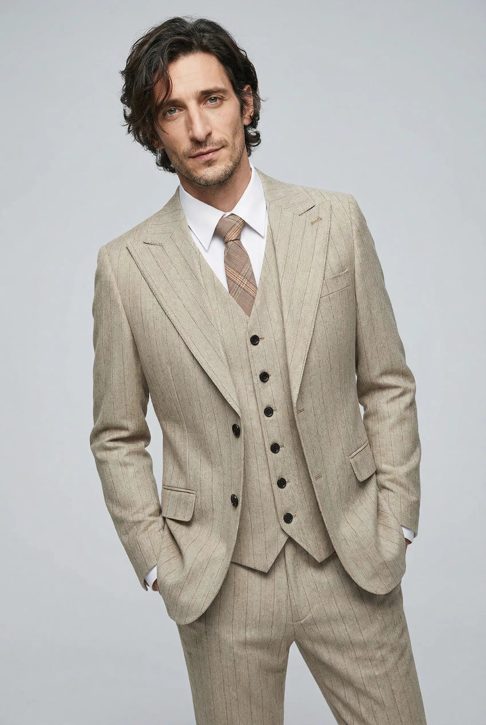 Khaki Herringbone Pinstripe 3-Piece Suit Set - Jacket Vest Trousers Modern Slim Fit