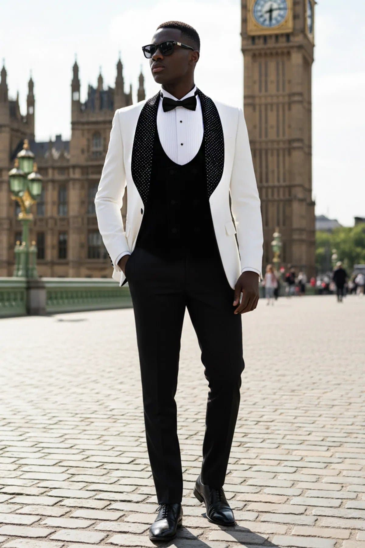 White Jacquard Velvet 3-Piece Tuxedo Slim Fit - Alabaster Masterpiece Jacket Vest Trousers