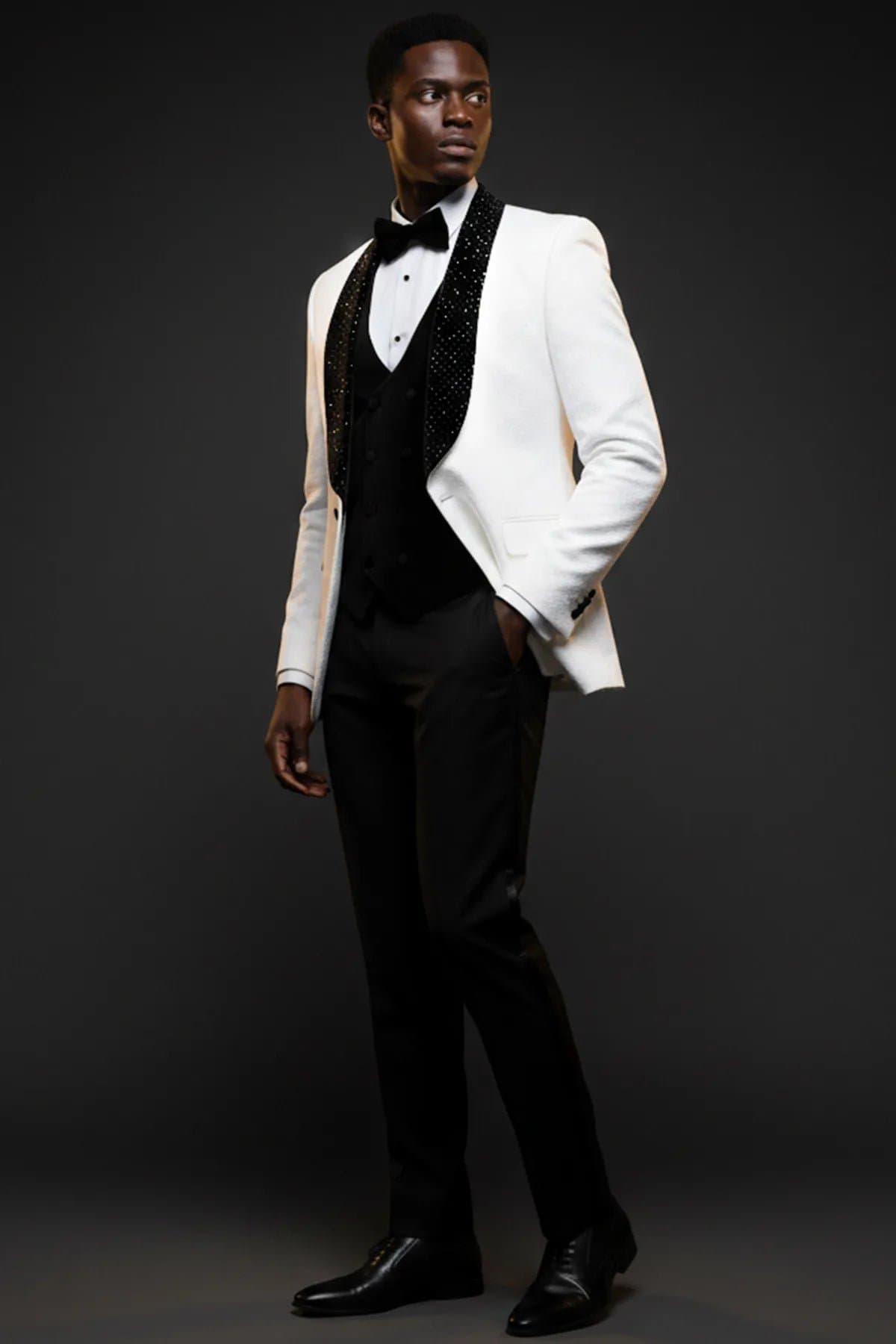 White Jacquard Velvet 3-Piece Tuxedo Slim Fit - Alabaster Masterpiece Jacket Vest Trousers