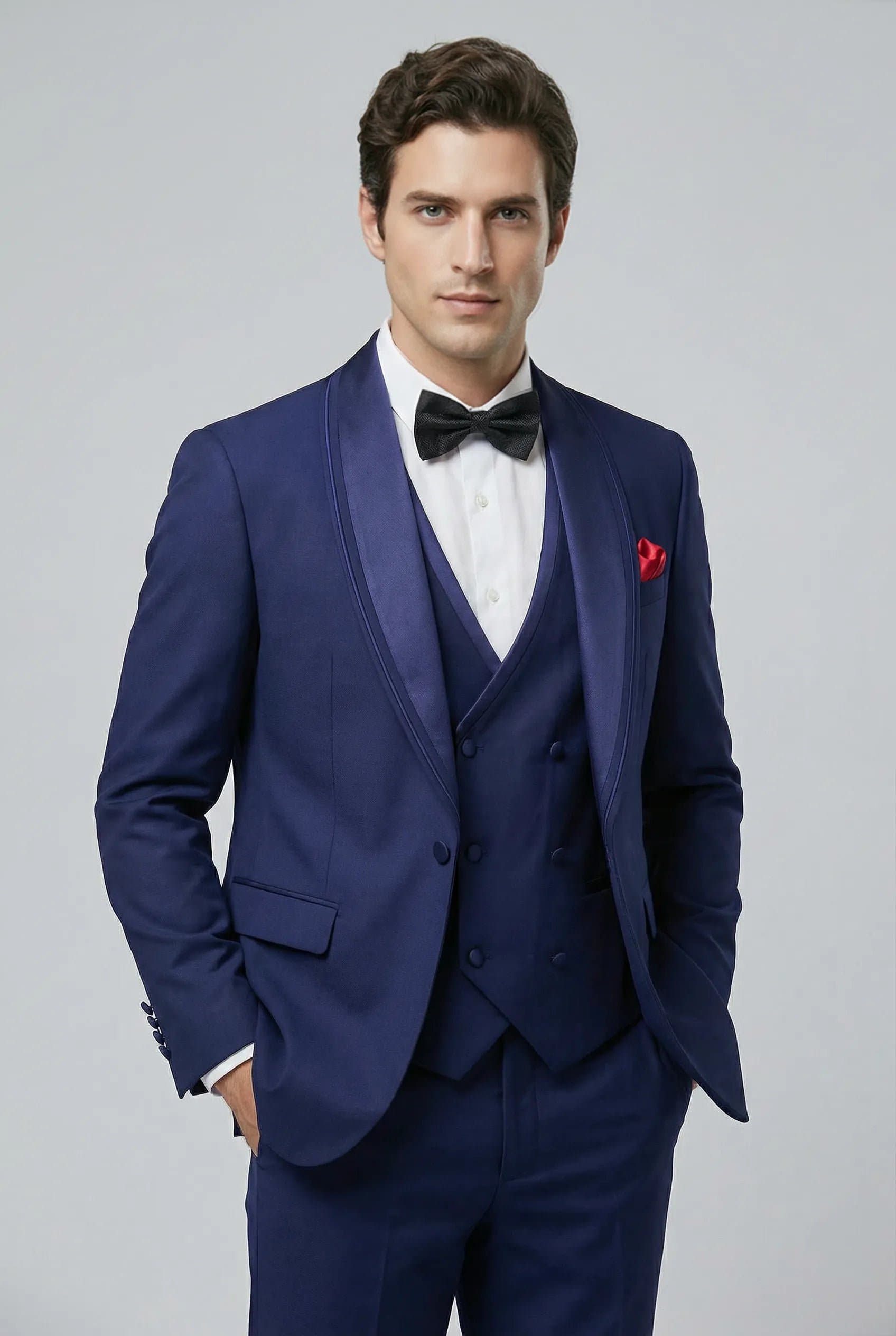 Navy Satin Shawl Collar 3-Piece Tuxedo Suit - Slim Fit Jacket Vest Trousers