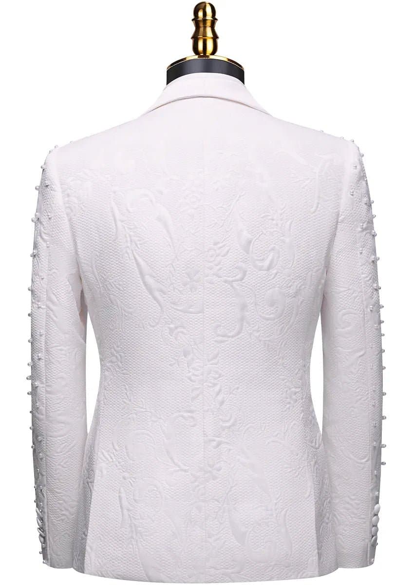 Pearl Symphony White 3D Jacquard Crystal 3-Piece Tuxedo Suit Jacket Vest Trousers