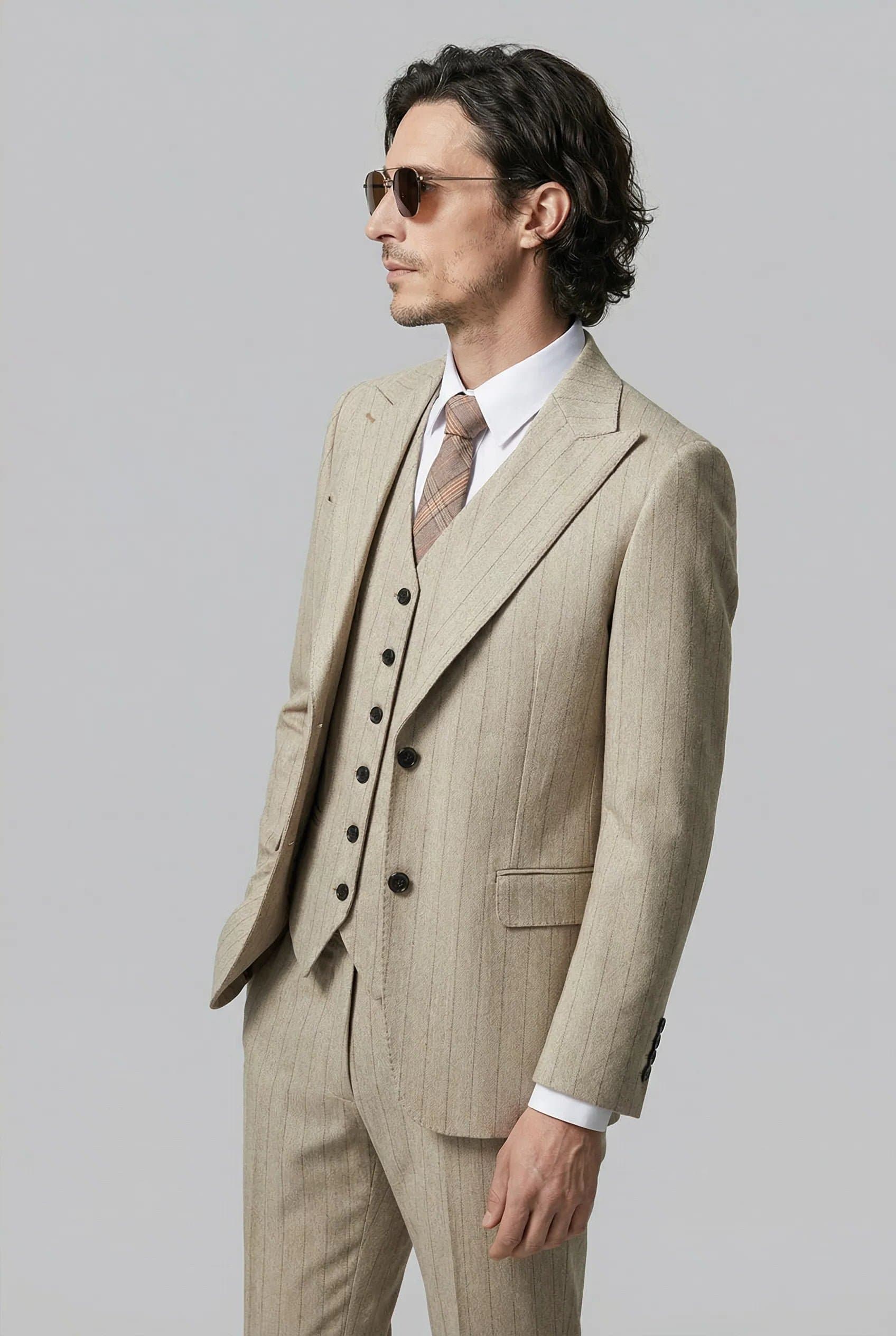 Khaki Herringbone Pinstripe 3-Piece Suit Set - Jacket Vest Trousers Modern Slim Fit