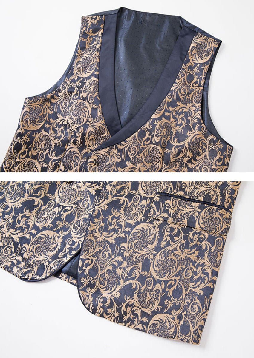 Sapphire Dynasty Navy Gold Jacquard 3-Piece Tuxedo Slim Fit Jacket Vest Trousers