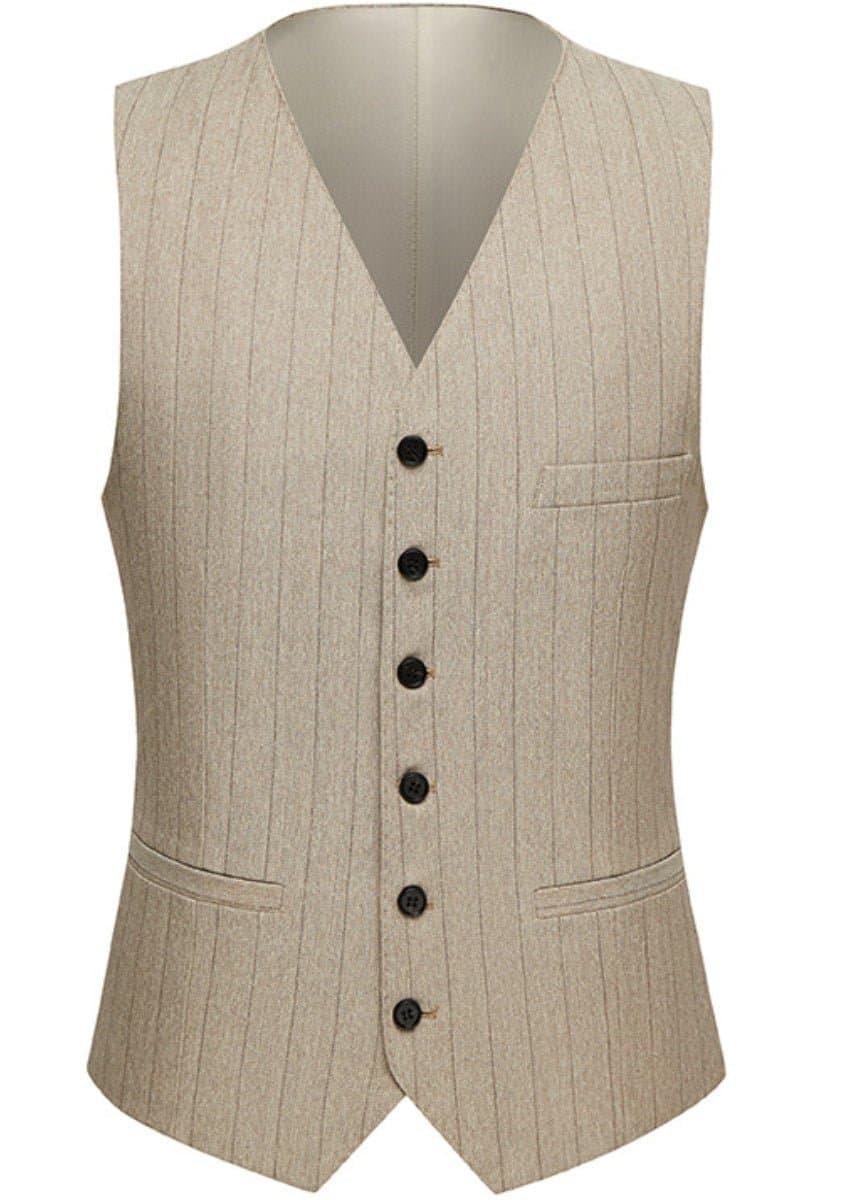 Khaki Herringbone Pinstripe 3-Piece Suit Set - Jacket Vest Trousers Modern Slim Fit