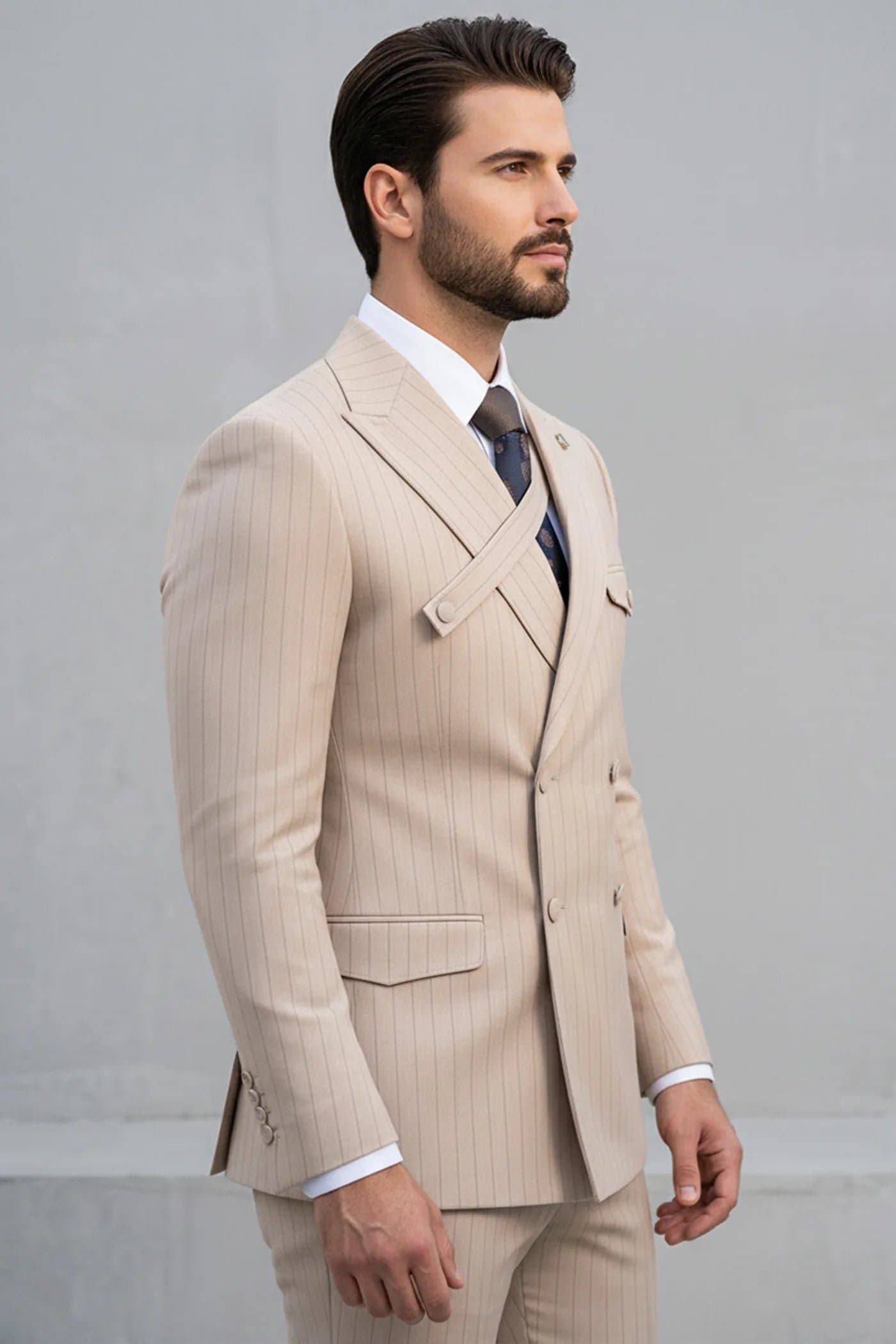 Sandstone Beige Pinstripe 2-Piece Double-Breasted Suit - Slim Fit Jacket and Trousers