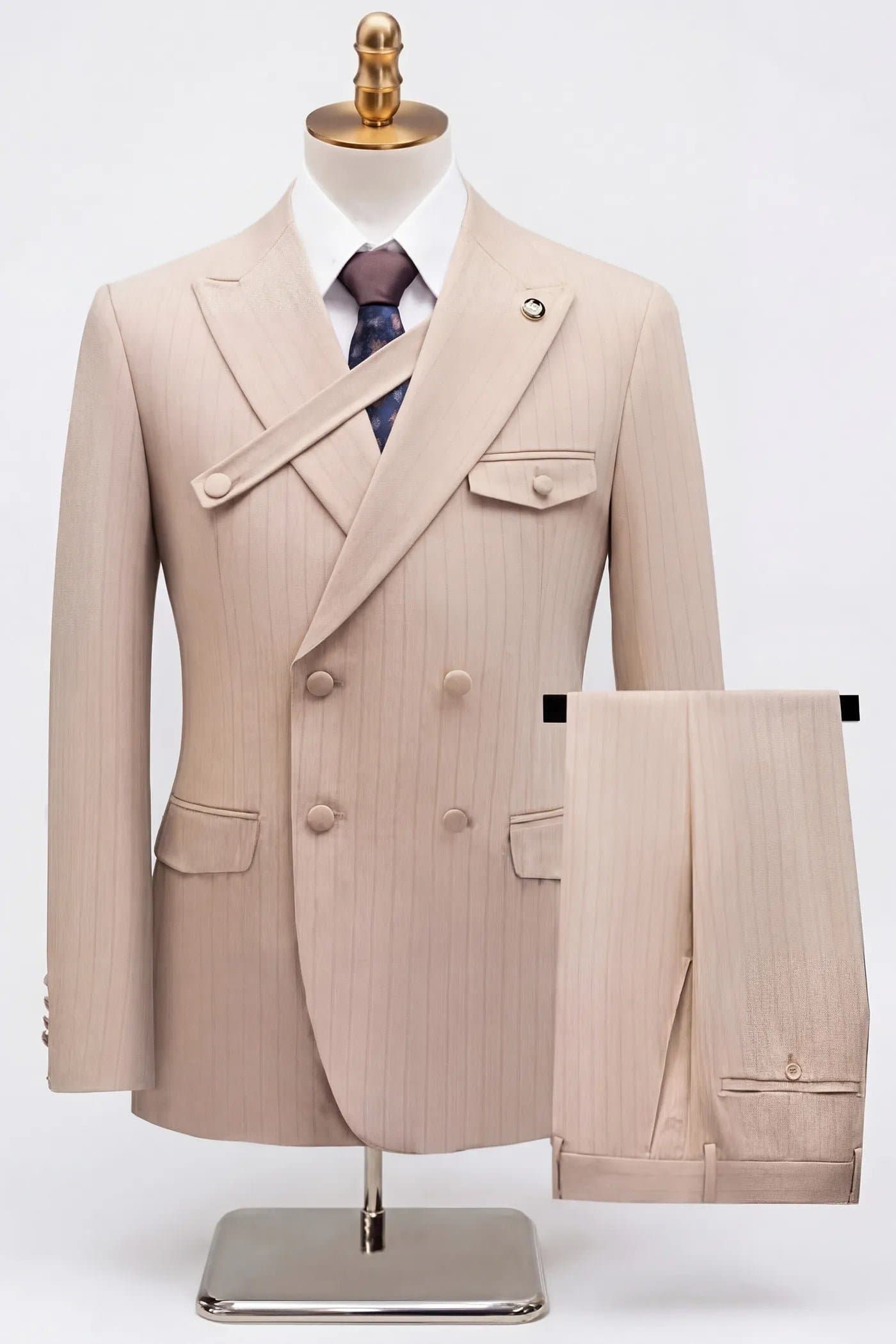 Sandstone Beige Pinstripe 2-Piece Double-Breasted Suit - Slim Fit Jacket and Trousers