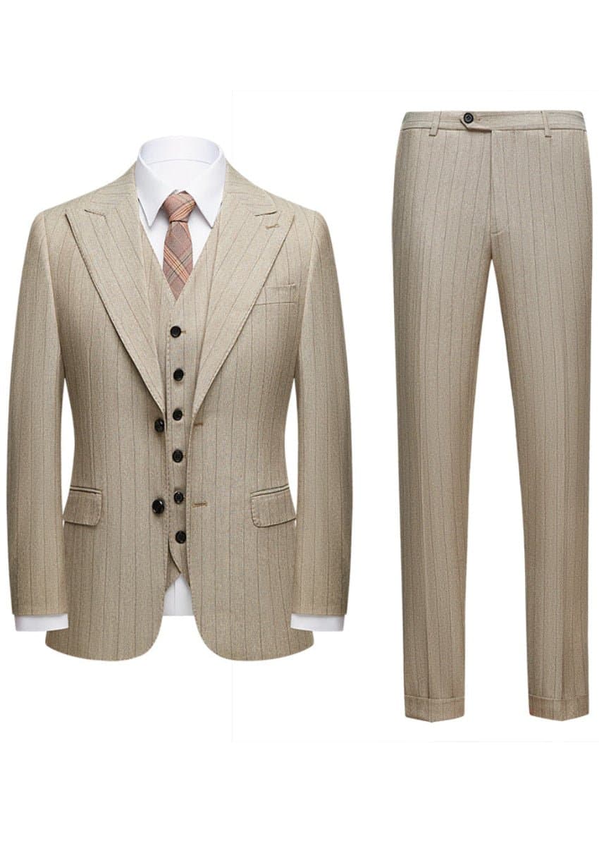 Khaki Herringbone Pinstripe 3-Piece Suit Set - Jacket Vest Trousers Modern Slim Fit