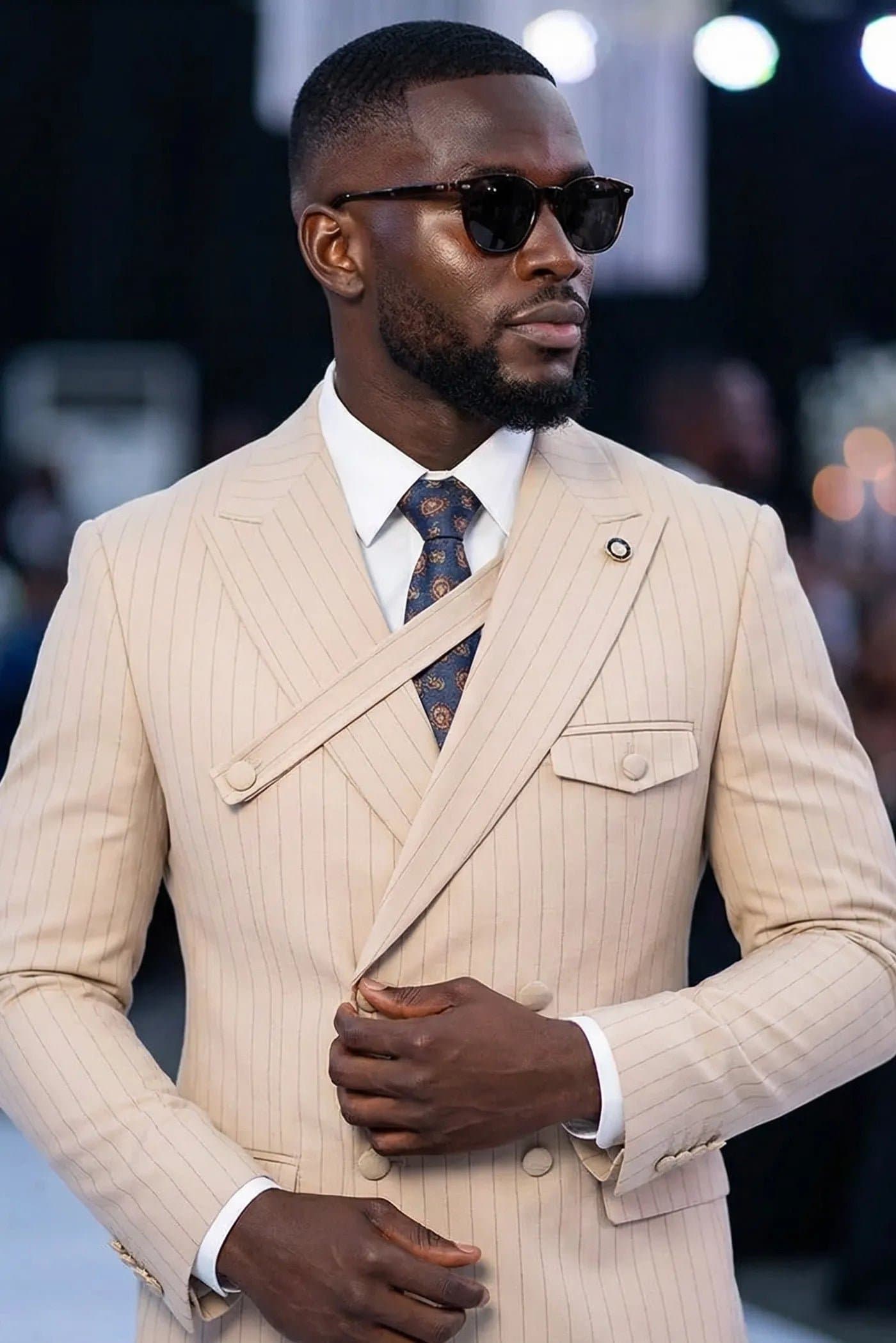 Sandstone Beige Pinstripe 2-Piece Double-Breasted Suit - Slim Fit Jacket and Trousers