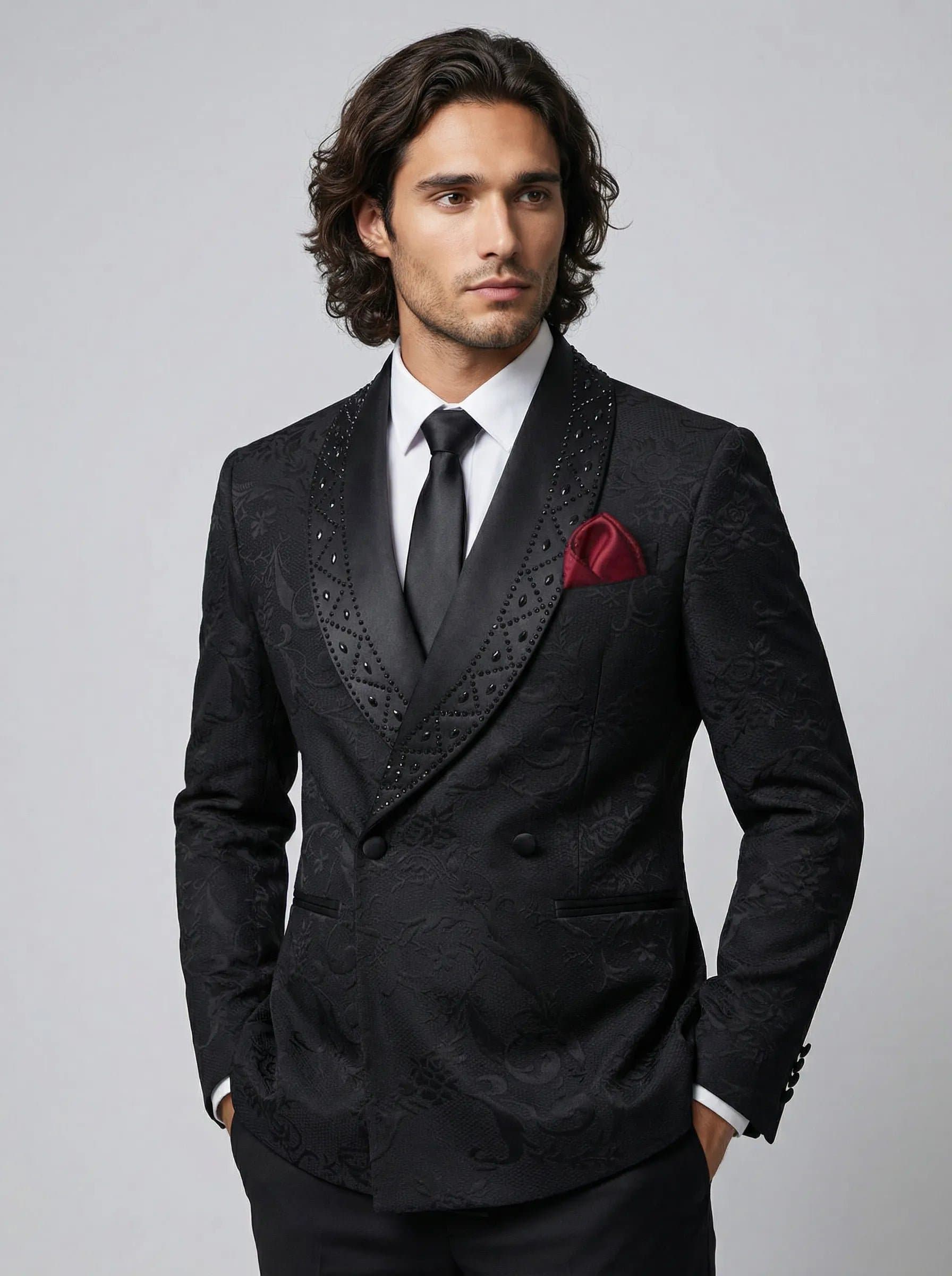 Onyx Prism Black Jacquard Diamond 2-Piece Tuxedo Set - Double-Breasted Jacket and Trousers