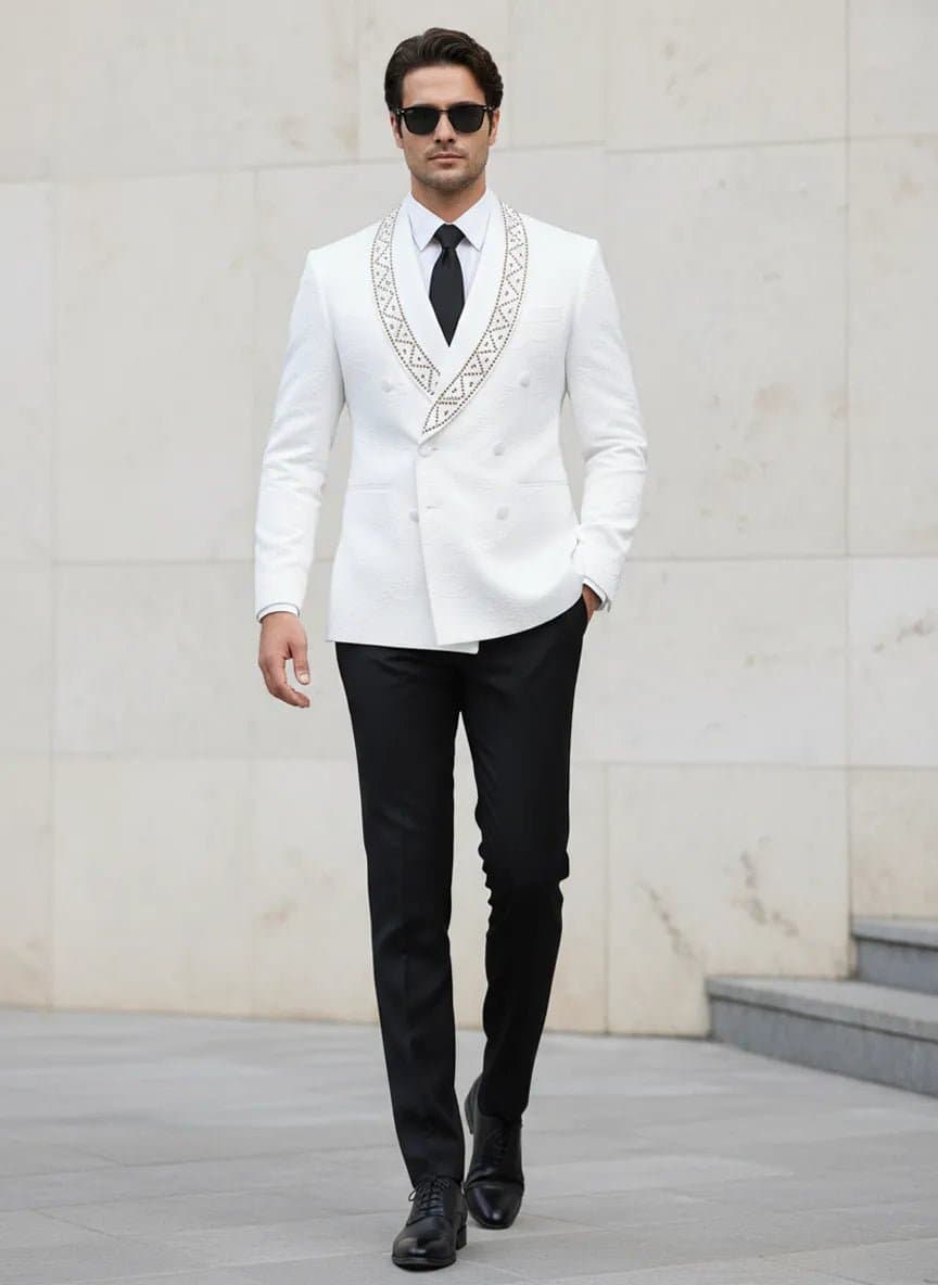 White Jacquard Crystal Shawl Collar Double-Breasted Tuxedo Set 2-Piece with Black Trousers