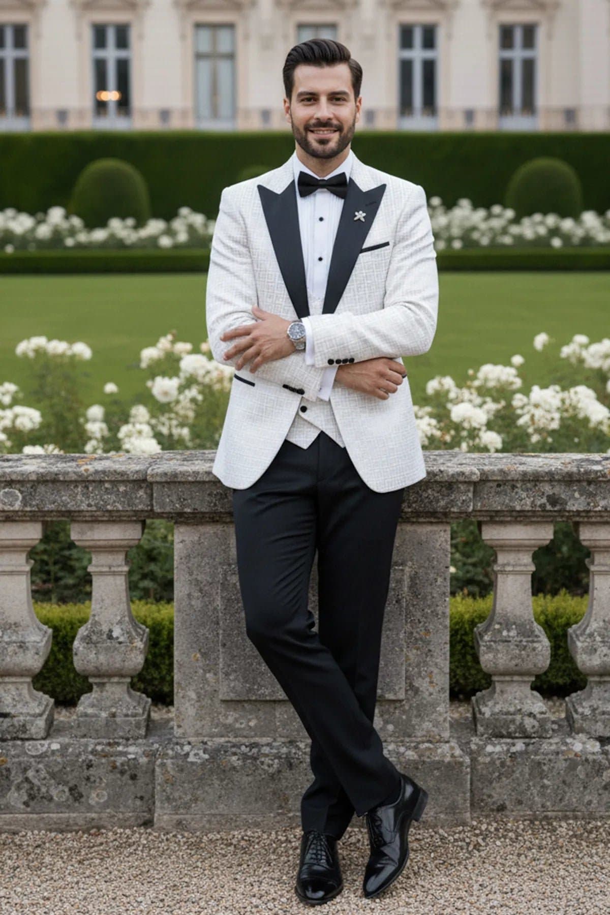 Alabaster Pantheon White & Gold Jacquard 3-Piece Slim Fit Tuxedo Jacket Vest Trousers