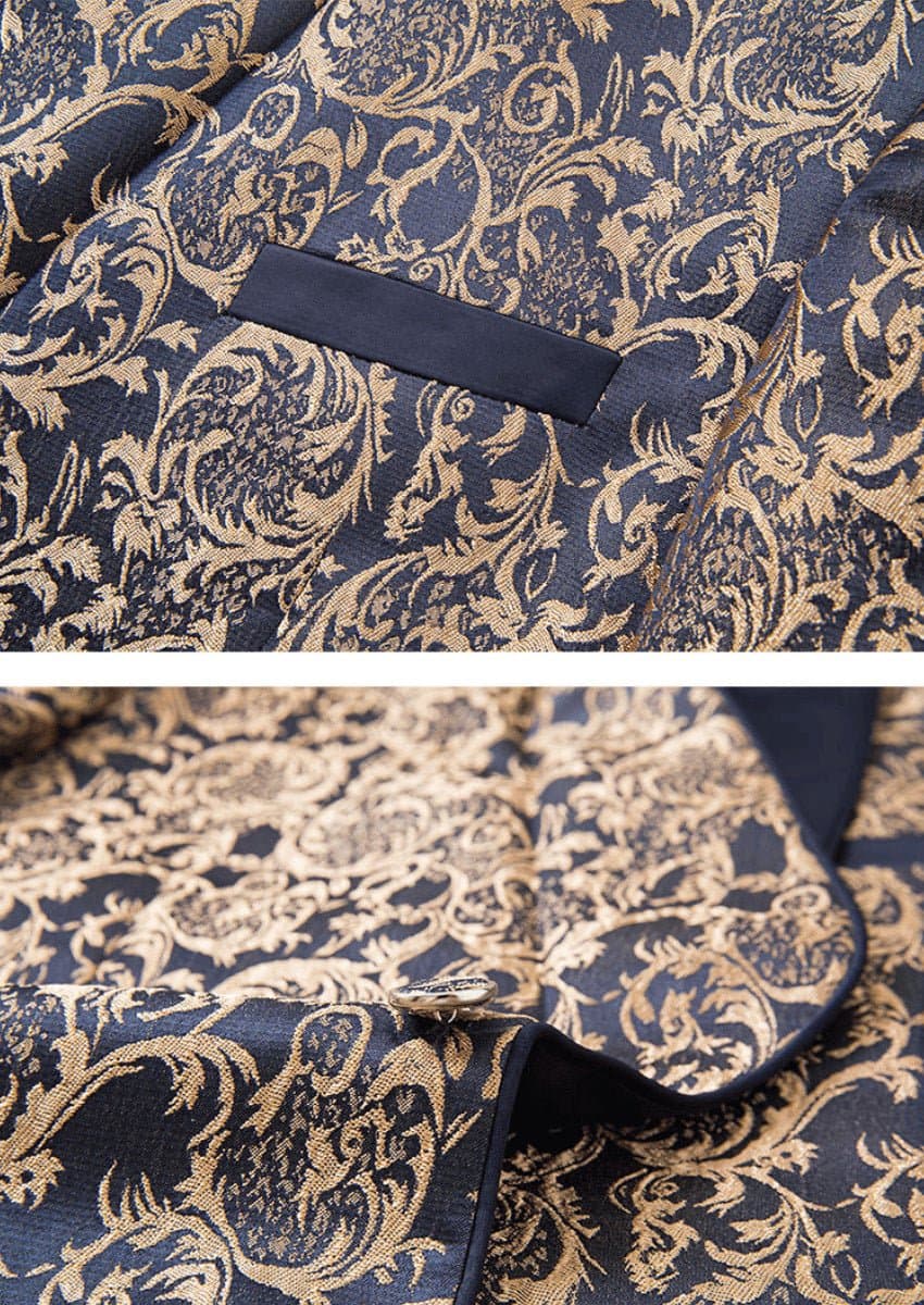 Sapphire Dynasty Navy Gold Jacquard 3-Piece Tuxedo Slim Fit Jacket Vest Trousers