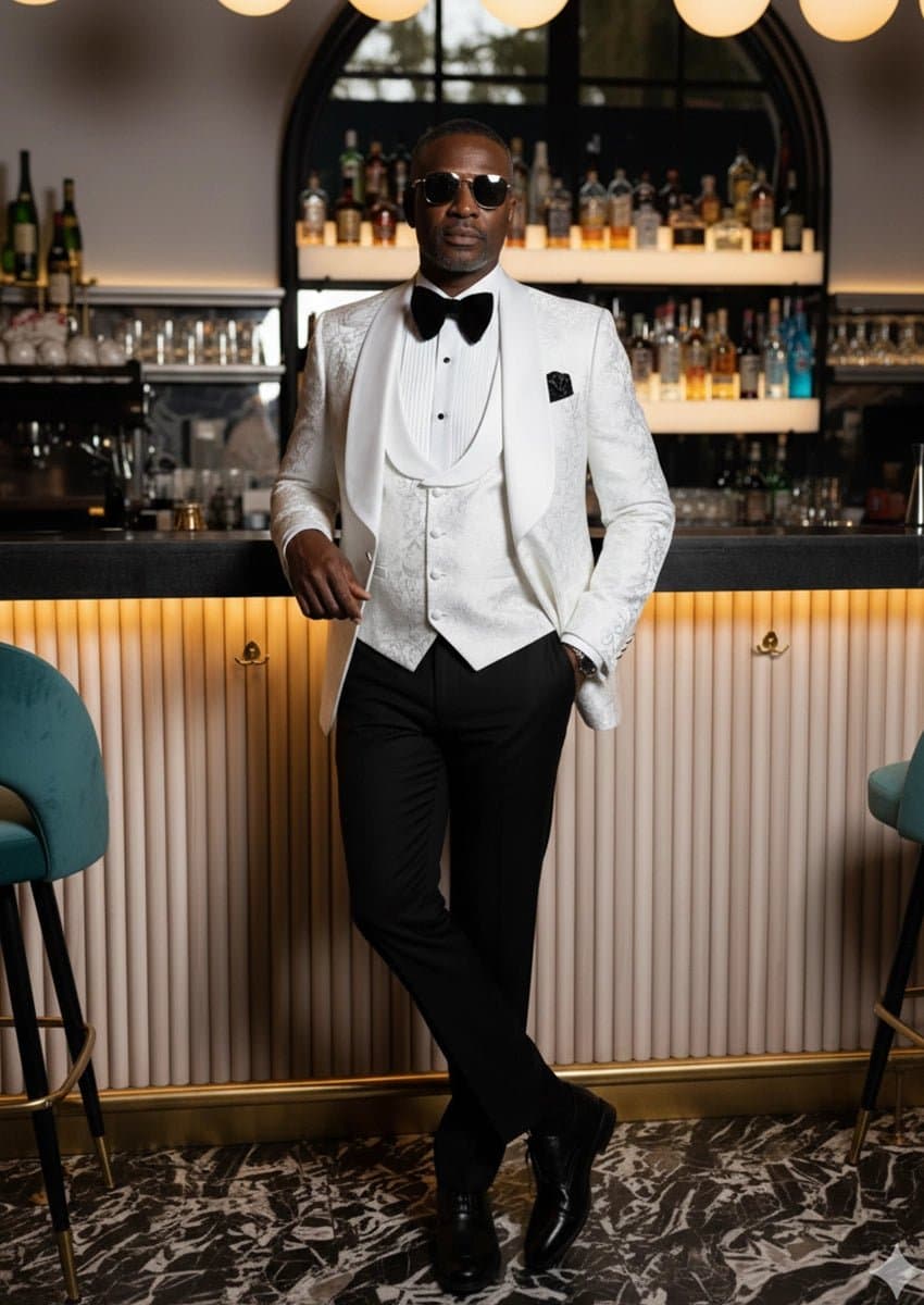 Pearl Sovereign Ivory White Jacquard 3-Piece Tuxedo Set with Oversized Shawl Collar